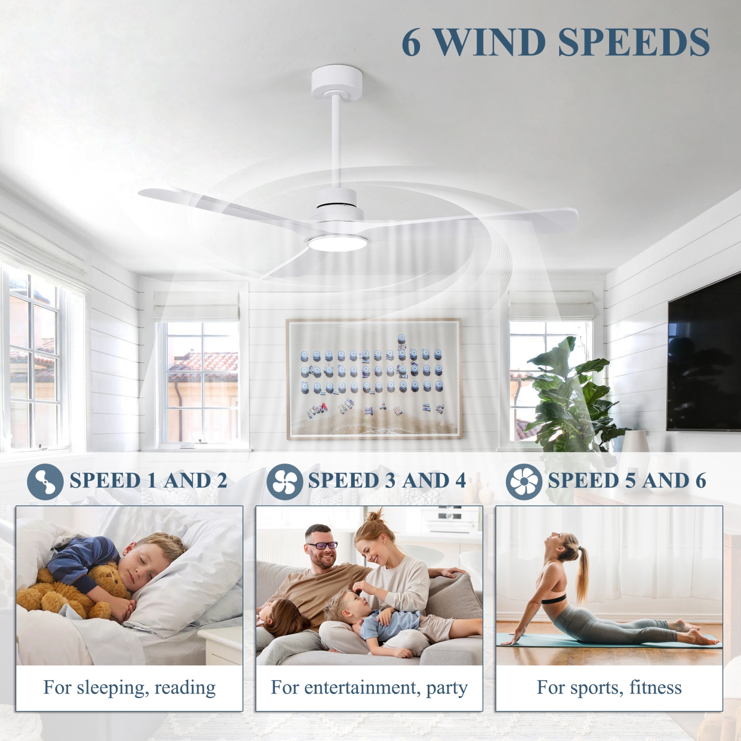 HUMHOLD 52" Ceiling Fan with Lights and Remote, Reversible DC Motor 6-Speed, 3 Blades for Bedroom/Living Room/Kitchen - White