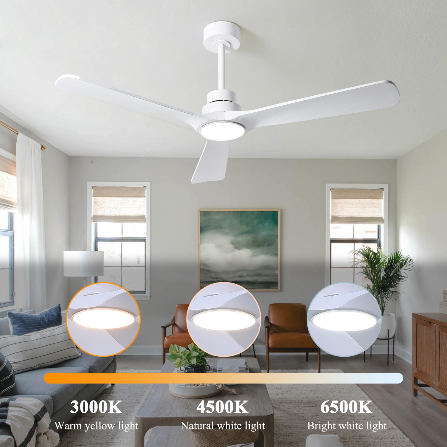 HUMHOLD 52" Ceiling Fan with Lights and Remote, Reversible DC Motor 6-Speed, 3 Blades for Bedroom/Living Room/Kitchen - White