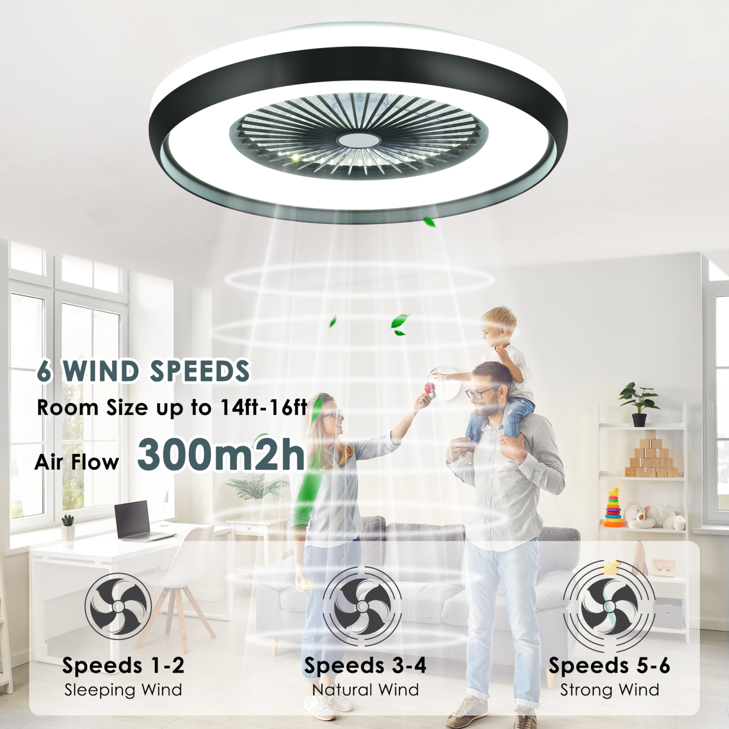 HUMHOLD 24" Low Profile with 3-Dimmable Light, Bladeless with Remote/APP Control, 6 Speeds Flush Mount Smart Ceiling Fan for Kids