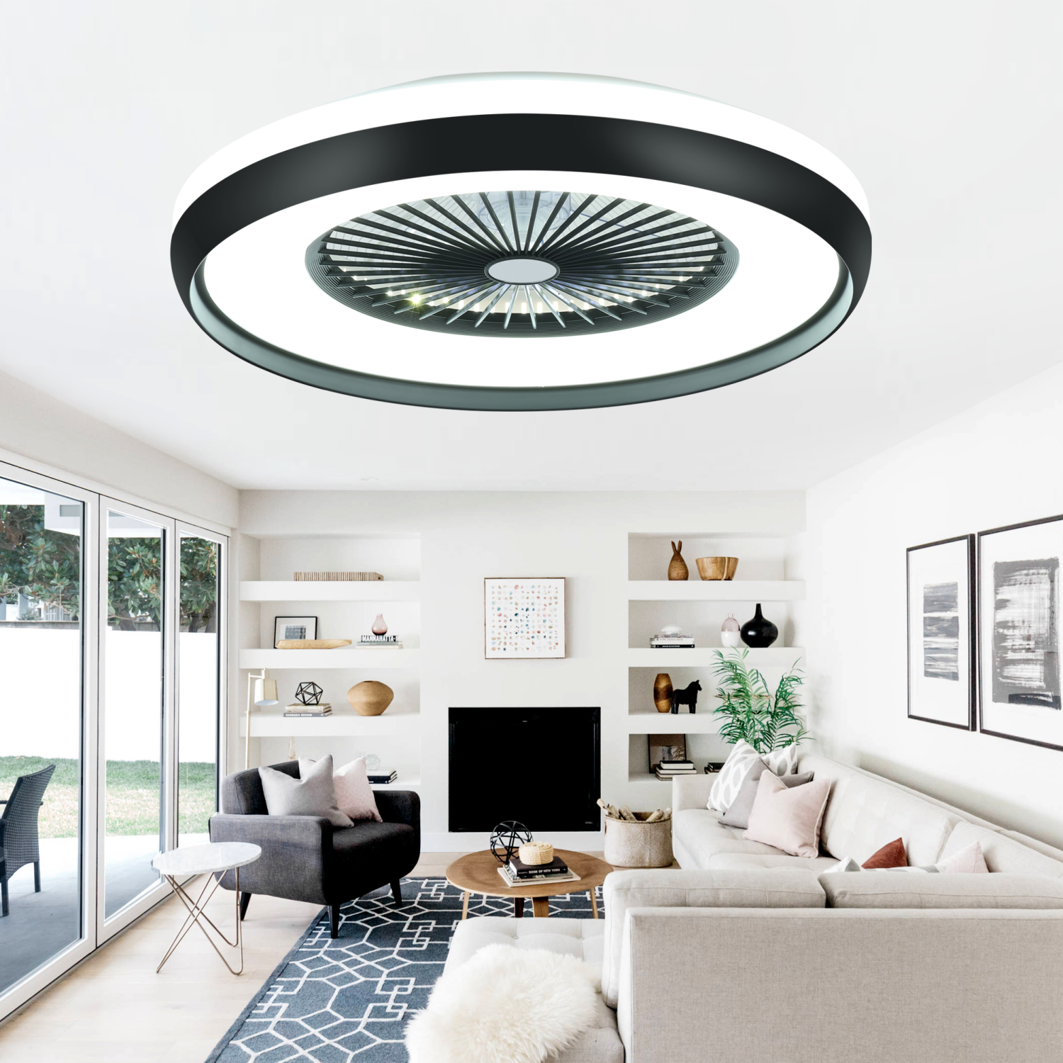 HUMHOLD 24" Low Profile with 3-Dimmable Light, Bladeless with Remote/APP Control, 6 Speeds Flush Mount Smart Ceiling Fan for Kids