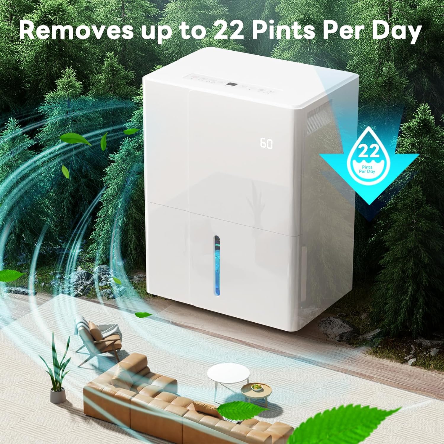 Dehumidifier with Wheels for Basement, Bedroom, Bathroom, Office - 22 Pints, 4 Modes, LED Display, 24H Timer, Whisper-Quiet, 1.2 Gallon Tank