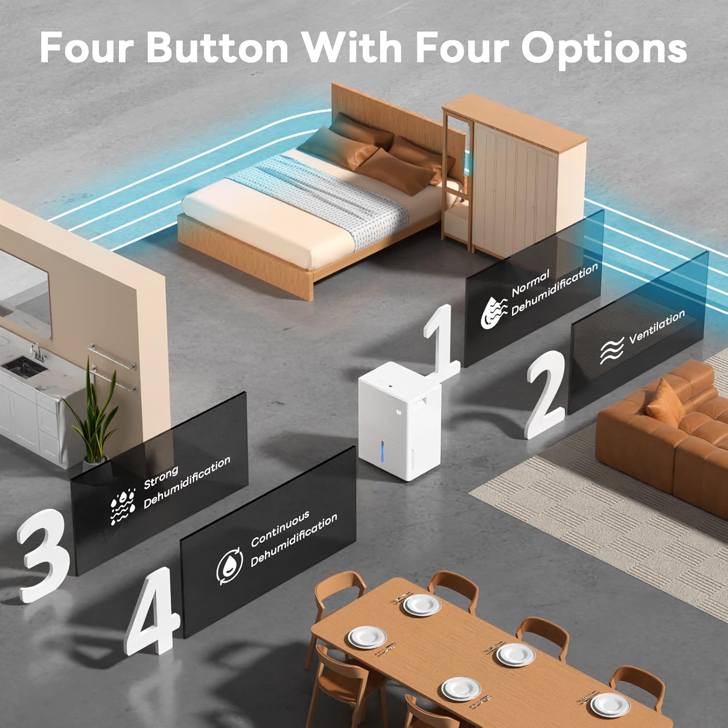 Dehumidifier with Wheels for Basement, Bedroom, Bathroom, Office - 22 Pints, 4 Modes, LED Display, 24H Timer, Whisper-Quiet, 1.2 Gallon Tank