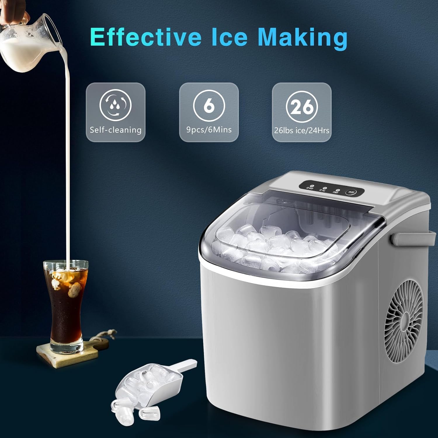 COWSAR Ice Maker Countertop, Portable Ice Machine with Self-Cleaning, 26.5lbs/24Hrs, 9 Bullet Ice Cubes in 6 Mins, Ice Basket and Scoop, Ideal for