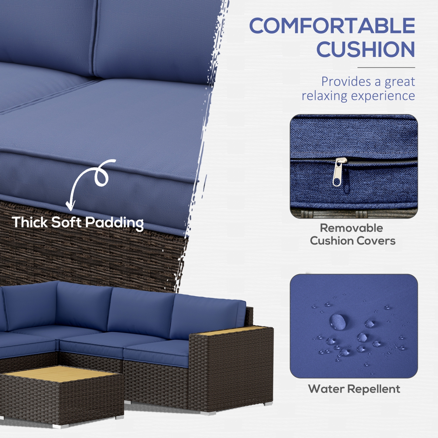 Ensemble de 6 meubles de jardin en osier Outsunny, meubles modulaires à 5 places à dossier haut avec canapé en coin et table basse en plastique pour