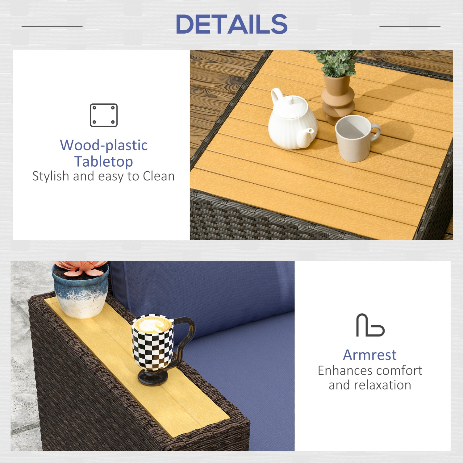 Ensemble de 6 meubles de jardin en osier Outsunny, meubles modulaires à 5 places à dossier haut avec canapé en coin et table basse en plastique pour