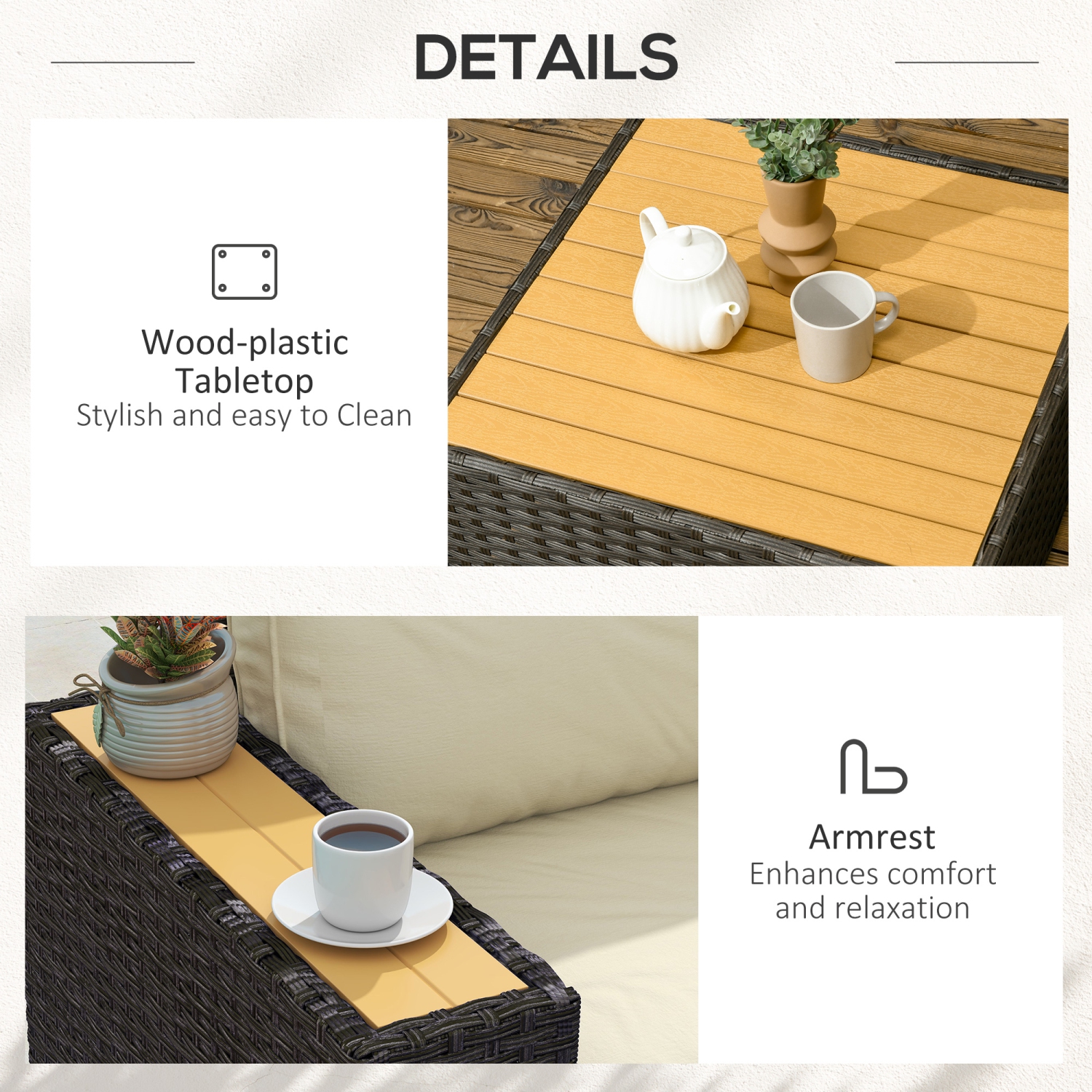 Ensemble de 6 meubles de patio en osier Outsunny, meubles modulaires à 5 places à dossier haut avec canapé en coin et table basse en plastique pour