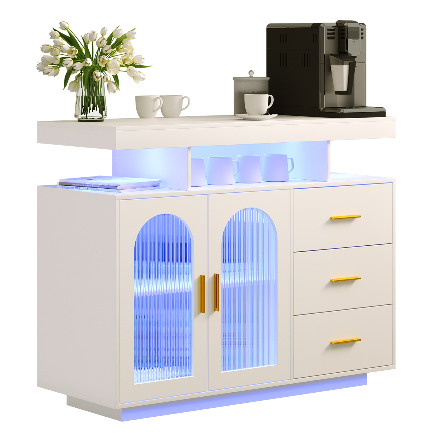 Armoire de buffet Vlsrka avec station de recharge, table console à 20 lumières de couleur avec rangement, table de bar à café avec console à