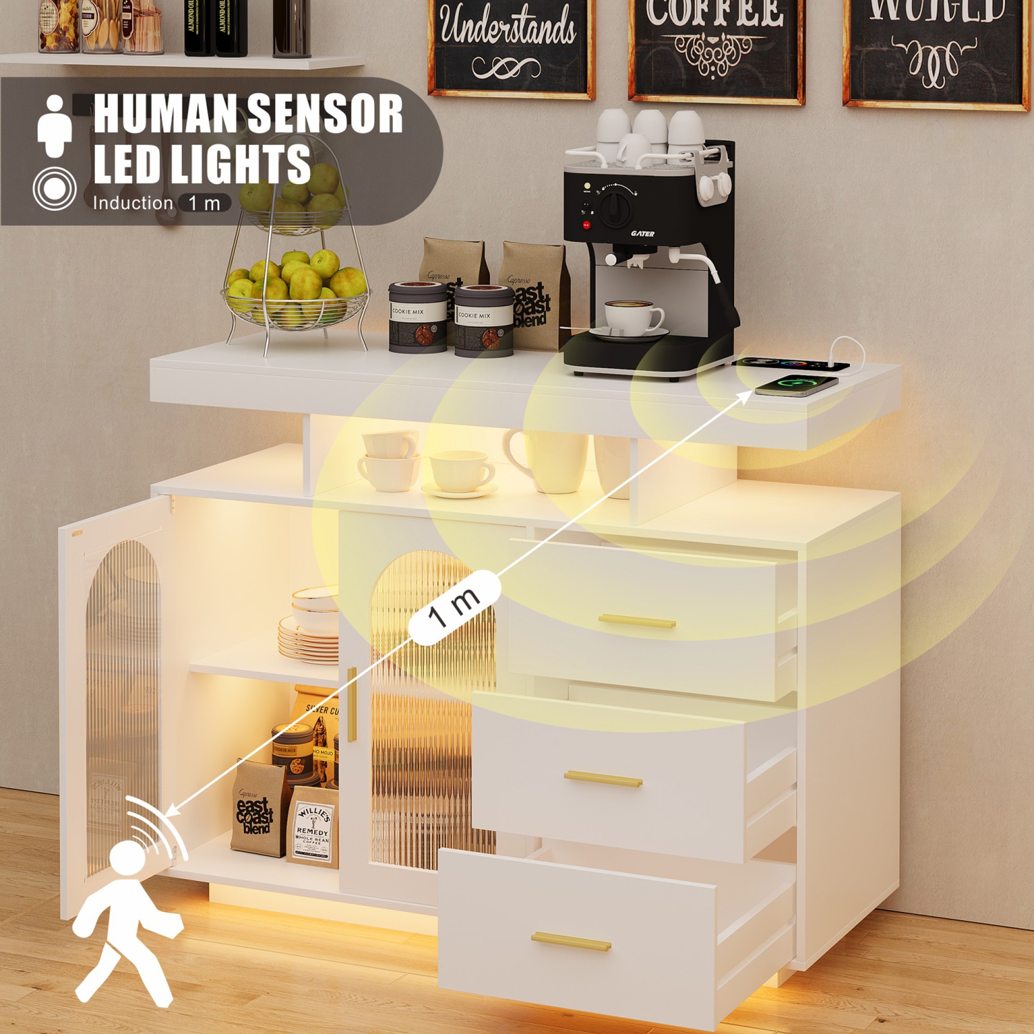 Armoire de buffet Vlsrka avec station de recharge, table console à 20 lumières de couleur avec rangement, table de bar à café avec console à