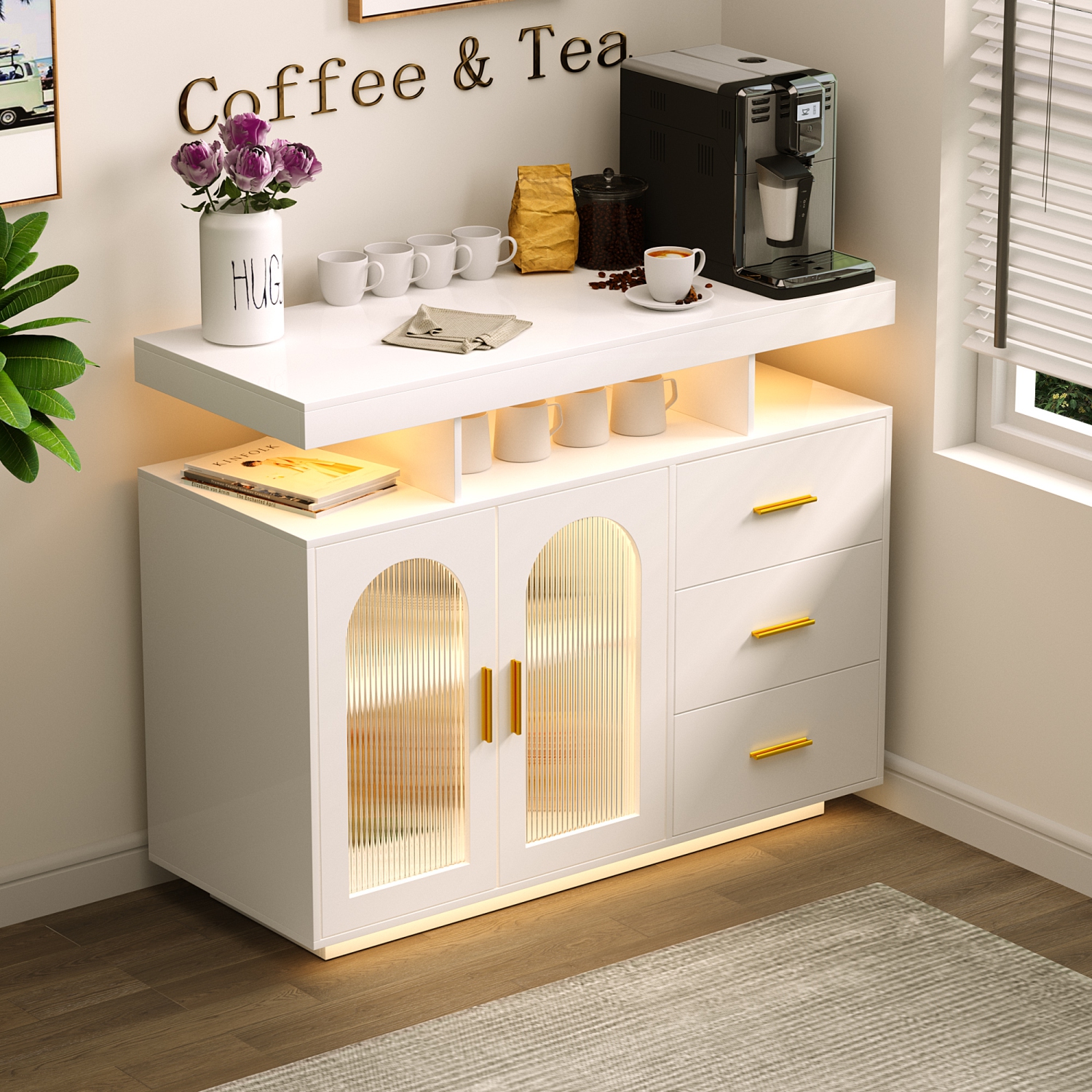 Armoire de buffet Vlsrka avec station de recharge, table console à 20 lumières de couleur avec rangement, table de bar à café avec console à