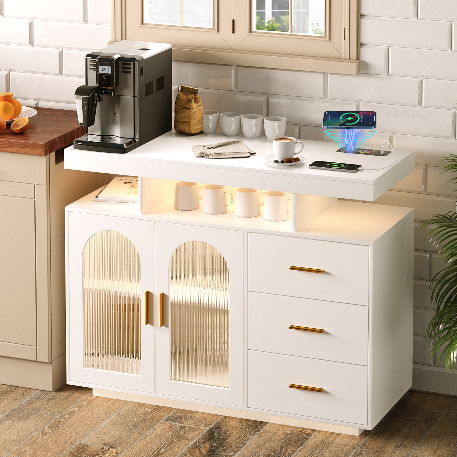 Armoire de buffet Vlsrka avec station de recharge, table console à 20 lumières de couleur avec rangement, table de bar à café avec console à