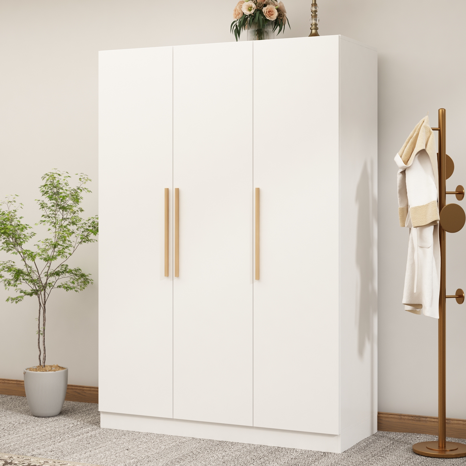 Famapy – Garde-robe à 3 portes avec tringle, tablettes ajustables et compartiments de rangement, blanc