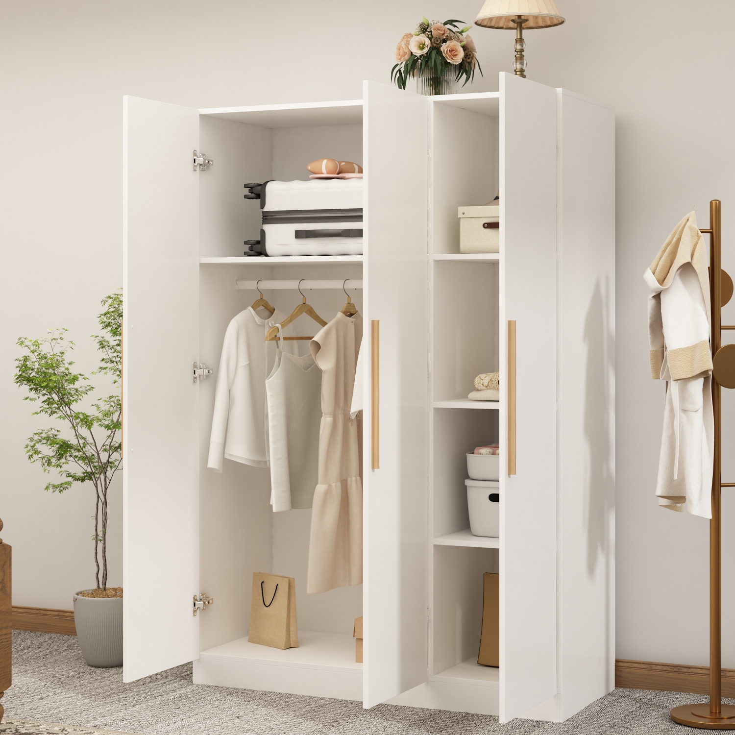 Famapy – Garde-robe à 3 portes avec tringle, tablettes ajustables et compartiments de rangement, blanc