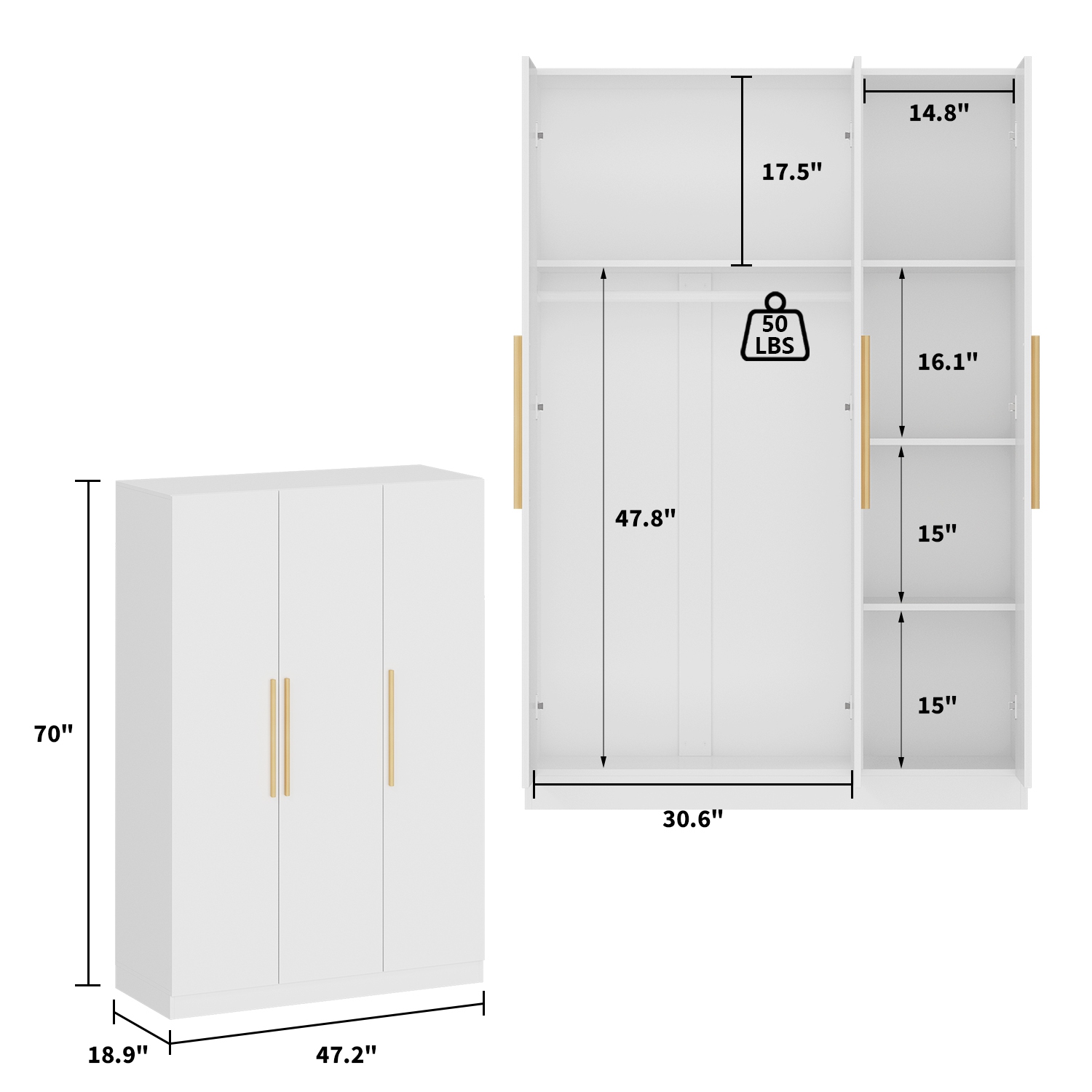 Famapy – Garde-robe à 3 portes avec tringle, tablettes ajustables et compartiments de rangement, blanc