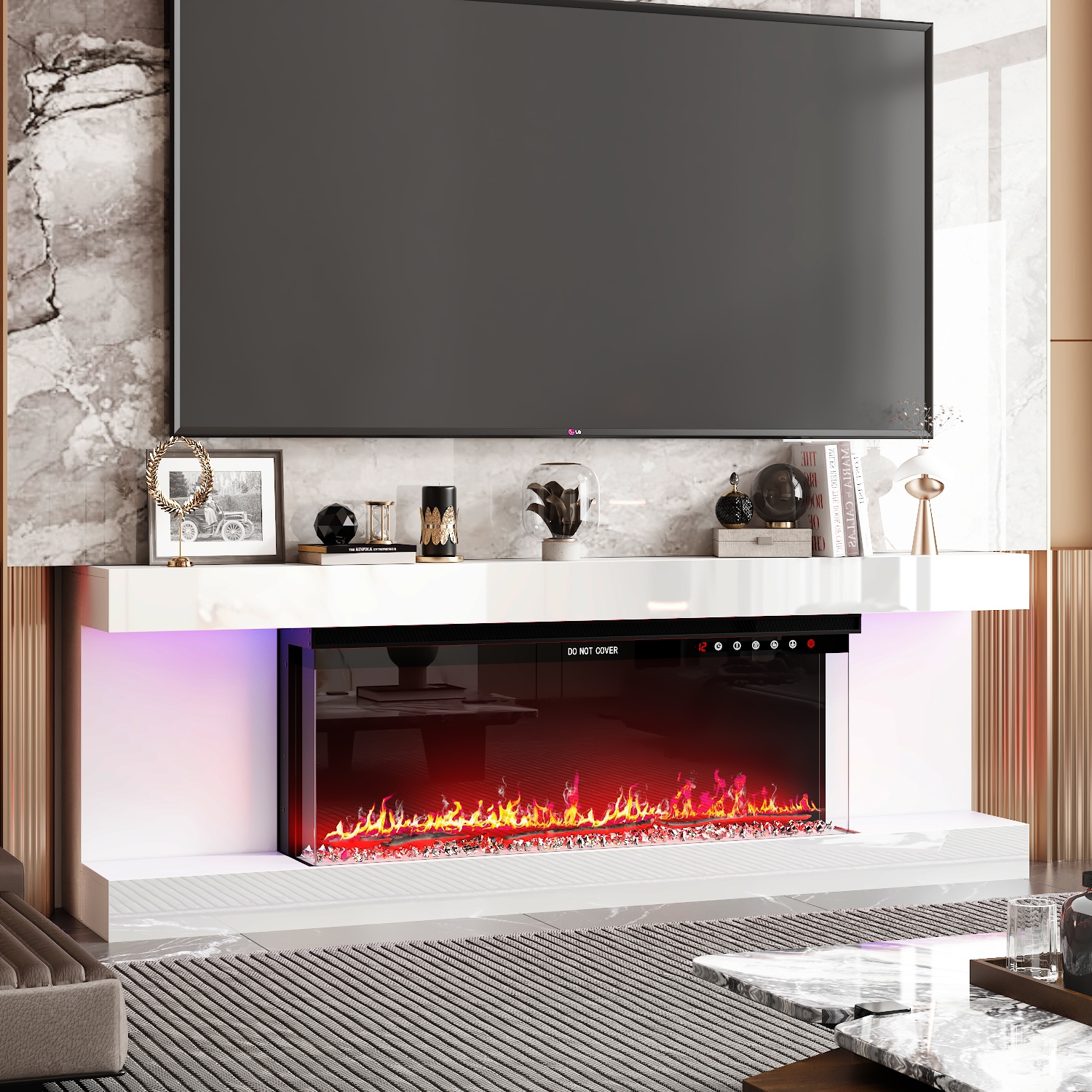 Homsee White TV Cabinet with Electric Fireplace & RGB LED Lights, Modern Media Console for Living Room, White