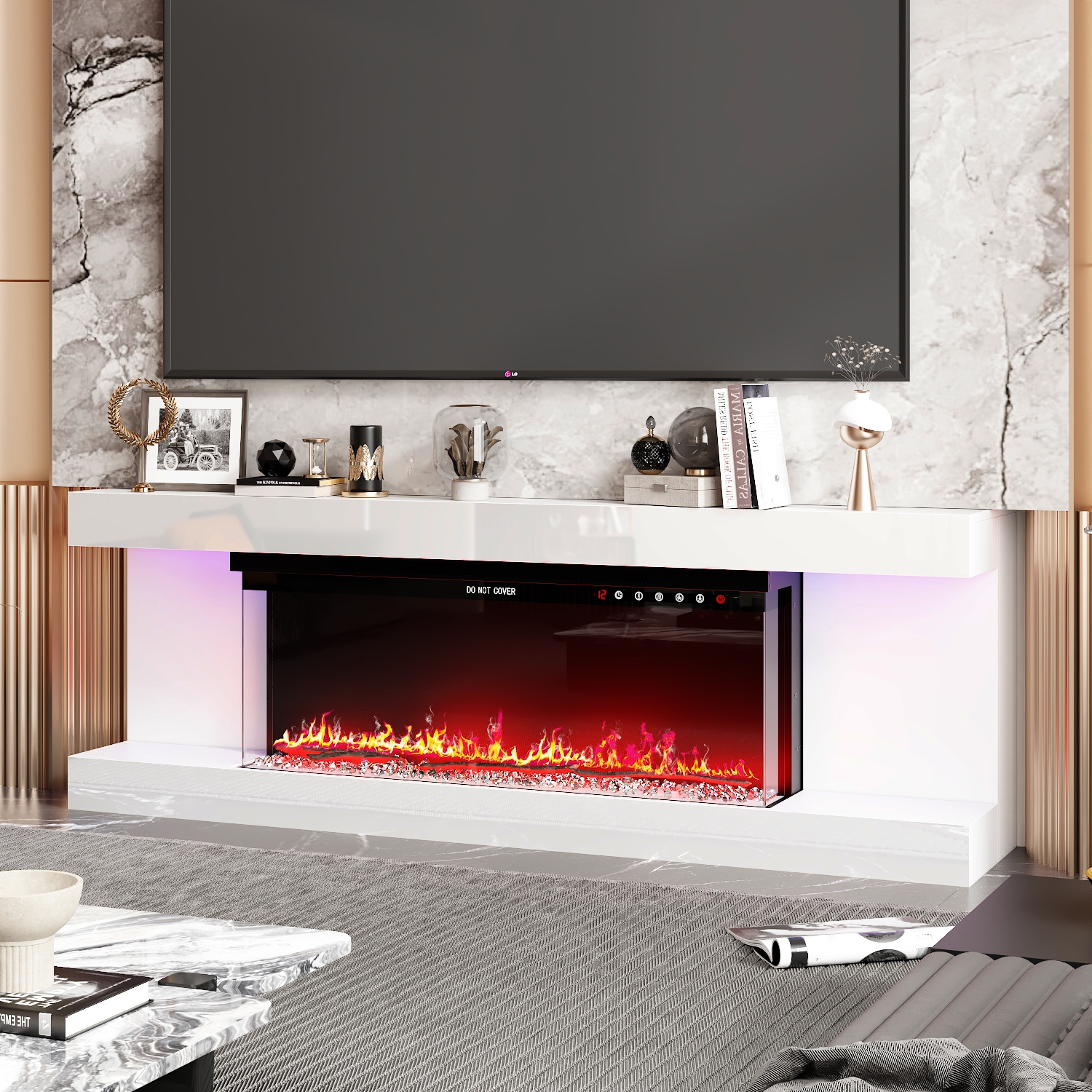 Homsee White TV Cabinet with Electric Fireplace & RGB LED Lights, Modern Media Console for Living Room, White