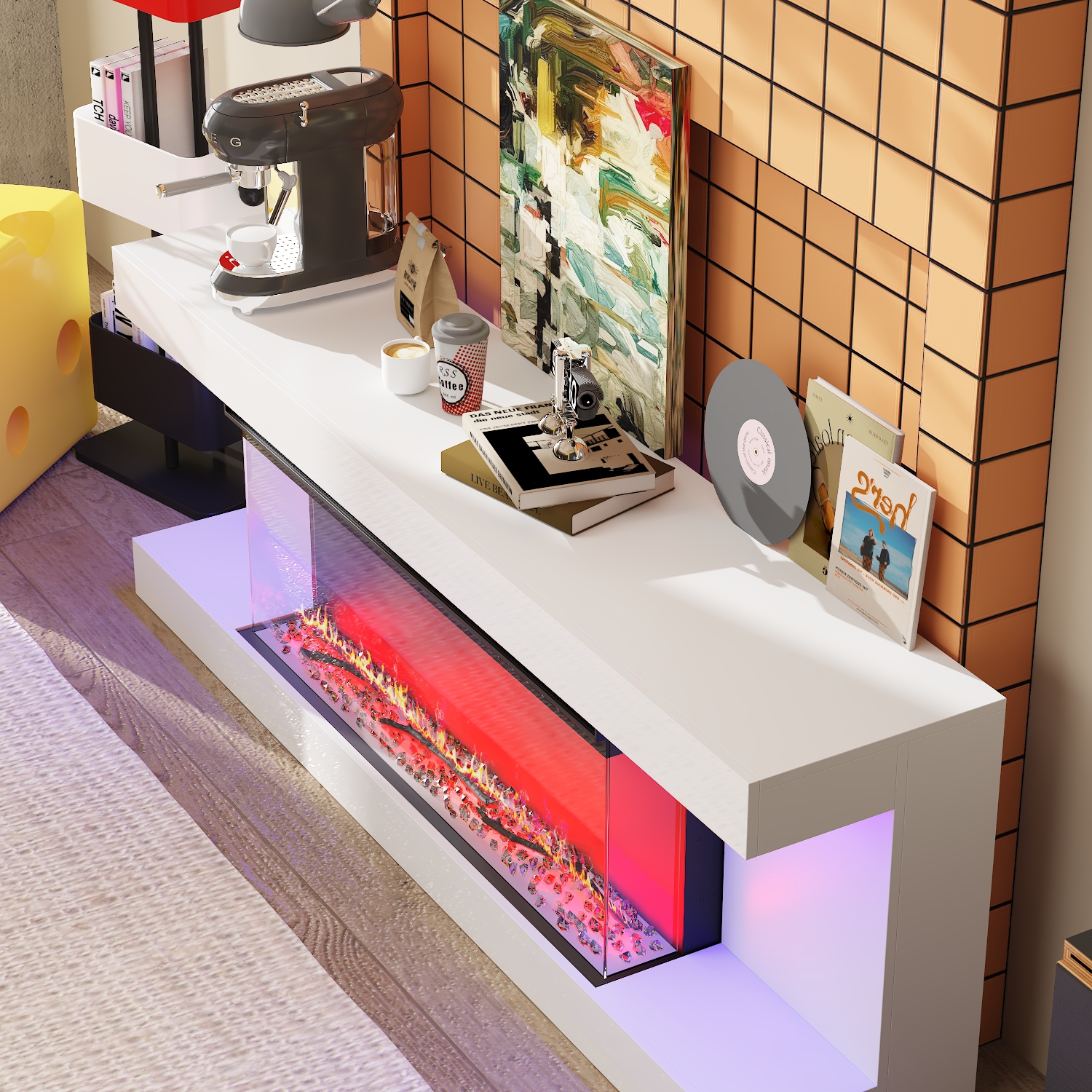 Homsee White TV Cabinet with Electric Fireplace & RGB LED Lights, Modern Media Console for Living Room, White