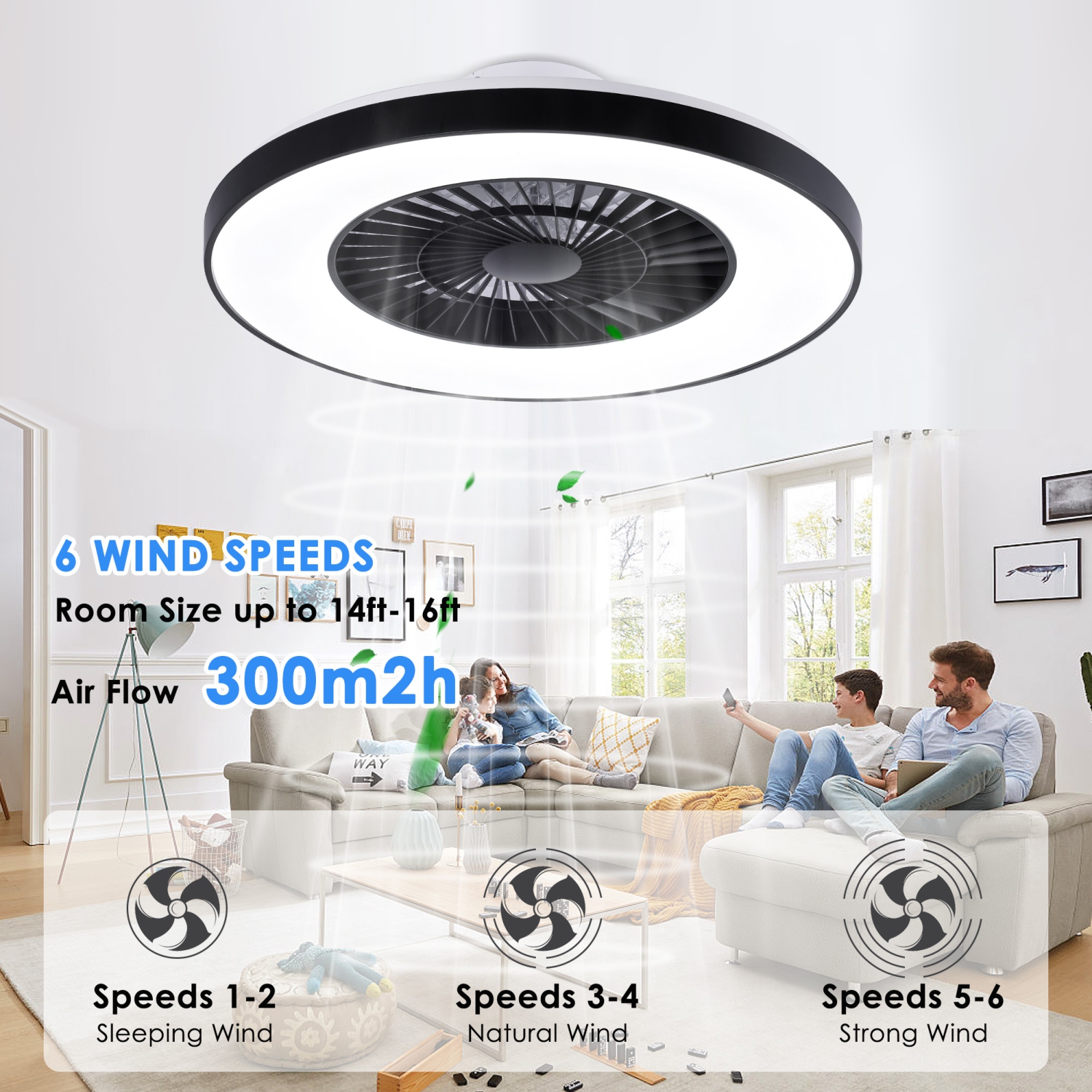 HUMHOLD Bladeless Ceiling Fan with Light, 24" Low Profile with Light, 3-Dimmable Lights, Enclosed with 6 Speeds Black for Bedroom, Living Room - Black