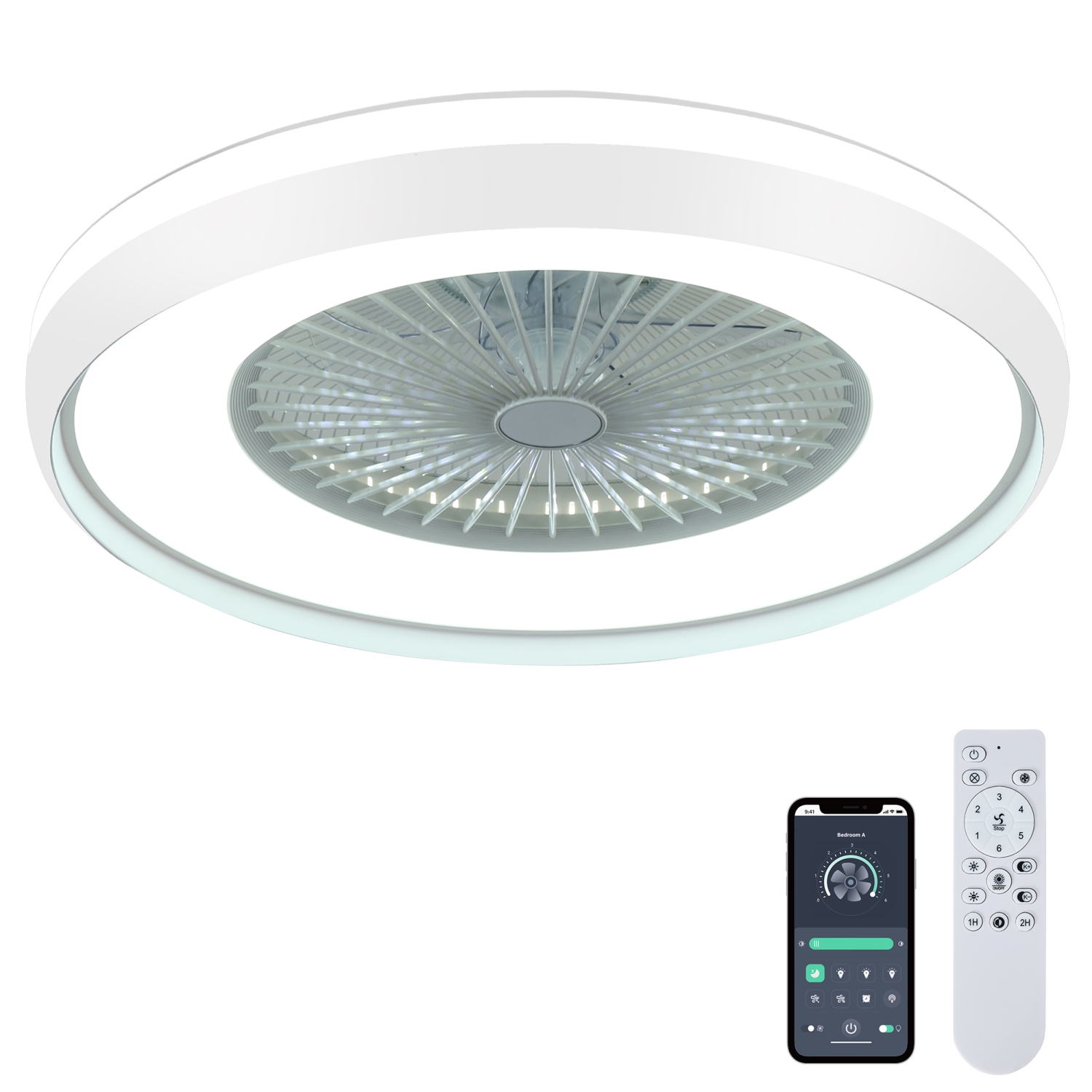 HUMHOLD 24" Smart Ceiling Fan, Bladeless with Remote/APP Control, 6 Speeds Flush Mount Smart Ceiling Fan for Kids Bedroom/Dining Room - White