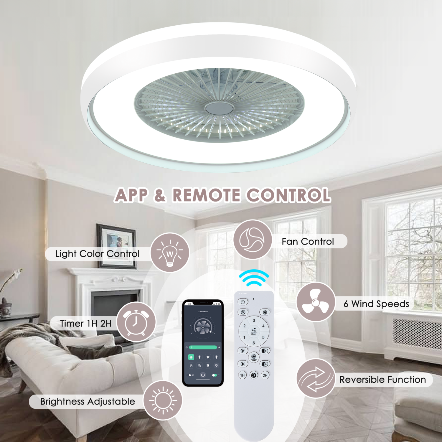 HUMHOLD 24" Smart Ceiling Fan, Bladeless with Remote/APP Control, 6 Speeds Flush Mount Smart Ceiling Fan for Kids Bedroom/Dining Room - White