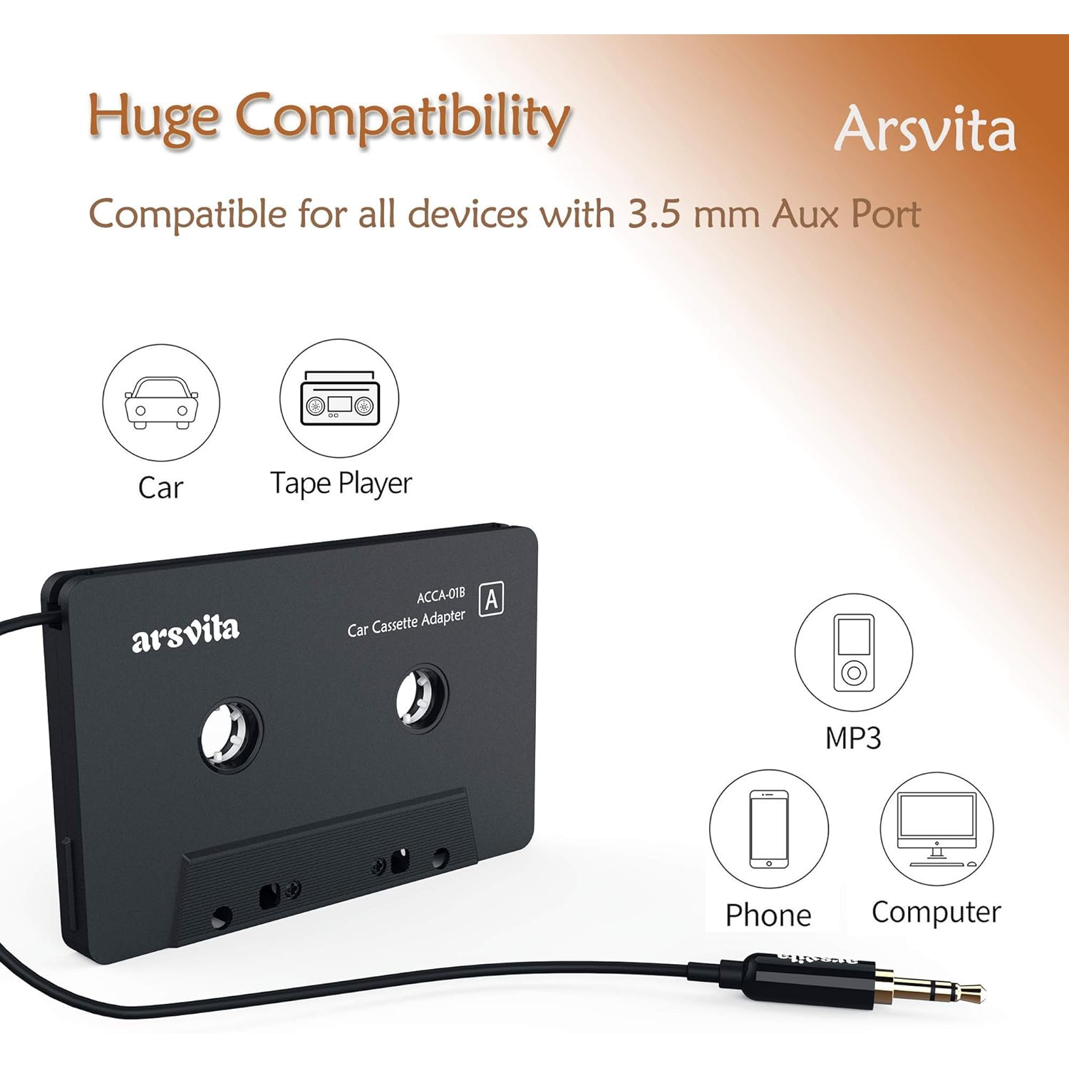 Arsvita - Car Audio Cassette to Aux Adapter, 3.5 MM Auxillary Cable Tape Adapter