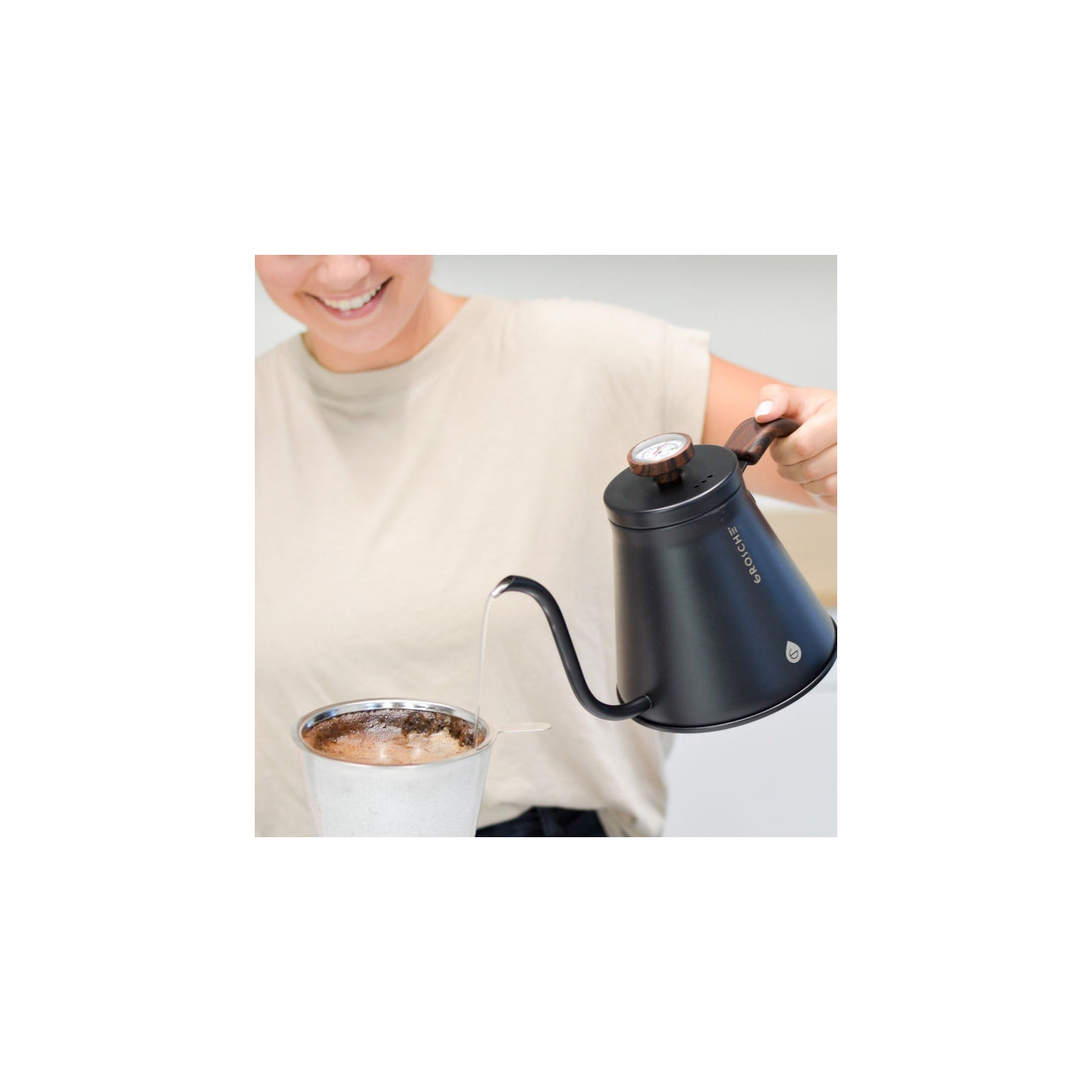 GROSCHE MARRAKESH Gooseneck Pour Over Stovetop Kettle with temperature guage, Stainless Steel Stovetop Kettle - 34 fl. oz, Black