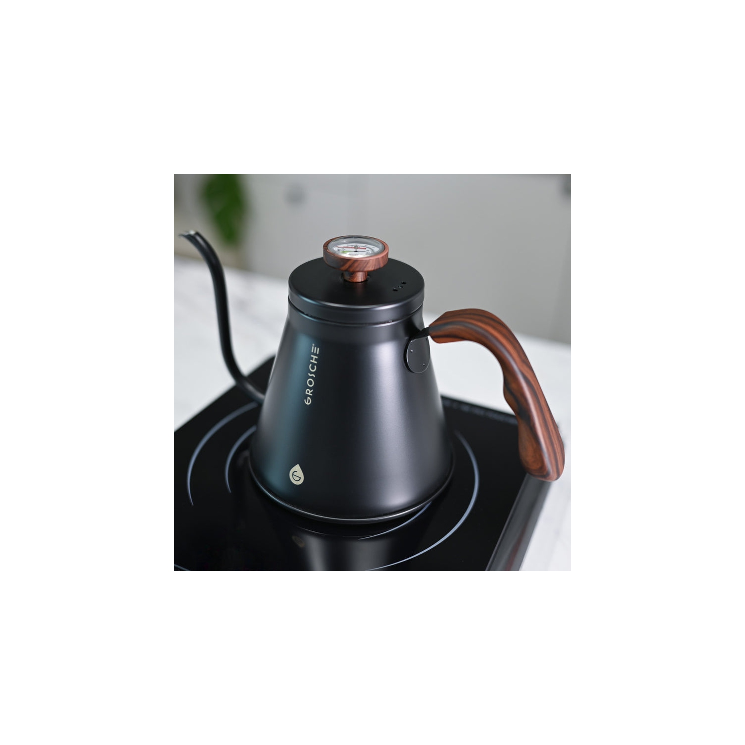 GROSCHE MARRAKESH Gooseneck Pour Over Stovetop Kettle with temperature guage, Stainless Steel Stovetop Kettle - 34 fl. oz, Black