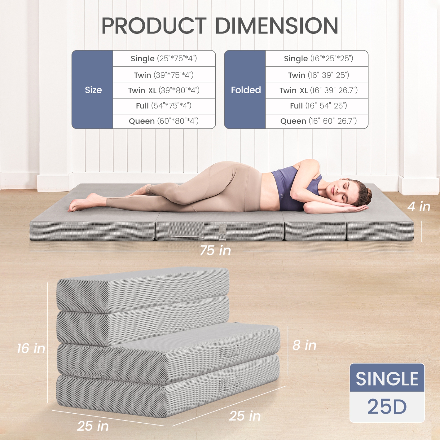 CoolHut – Matelas pliable avec housse perméable à l'air et sac de rangement lavables, matelas à quatre plis de 4&nbsp;po, lit simple, pour les