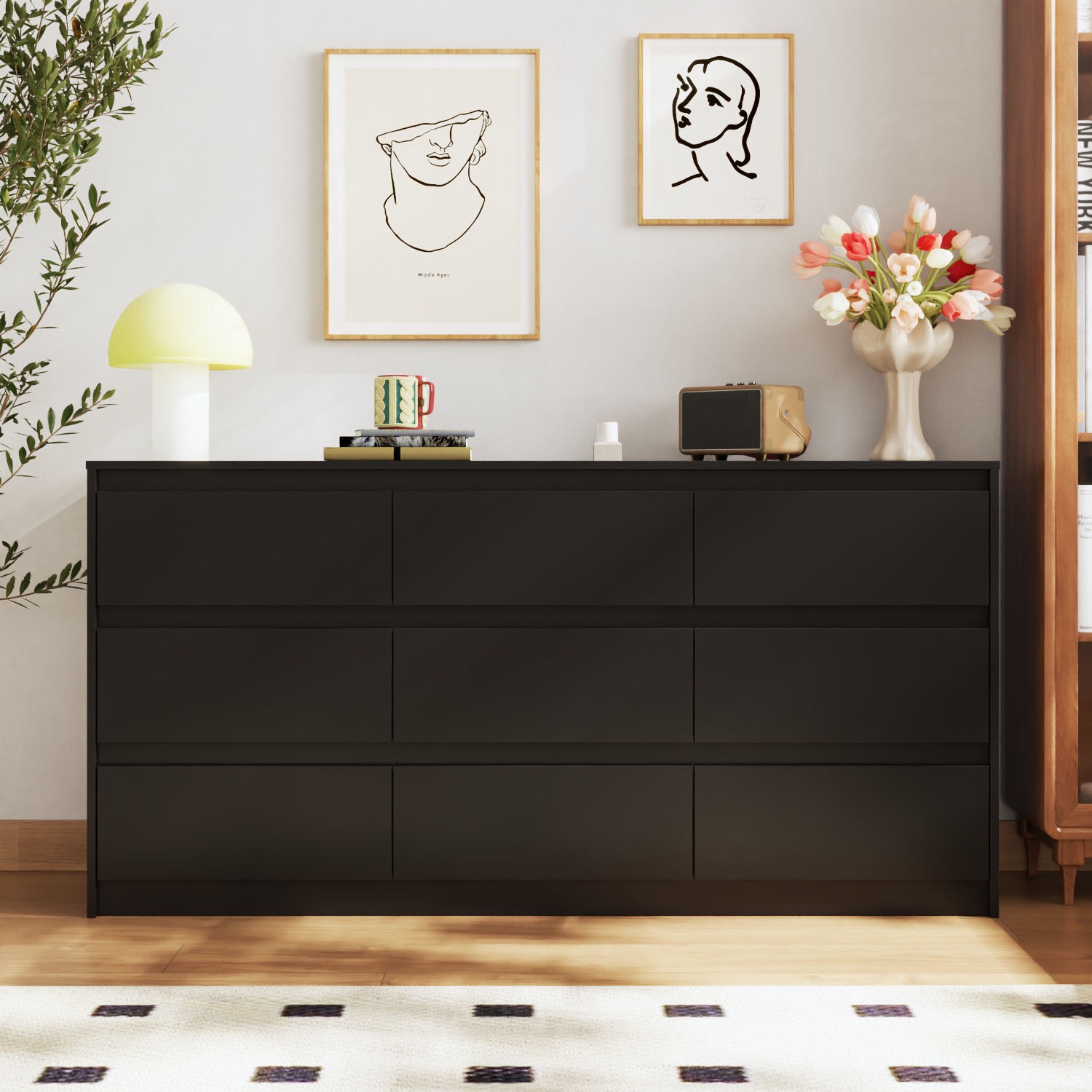 Commode moderne à 9 7 tiroirs avec rangement profond, sans poignée, grande commode en bois, noir