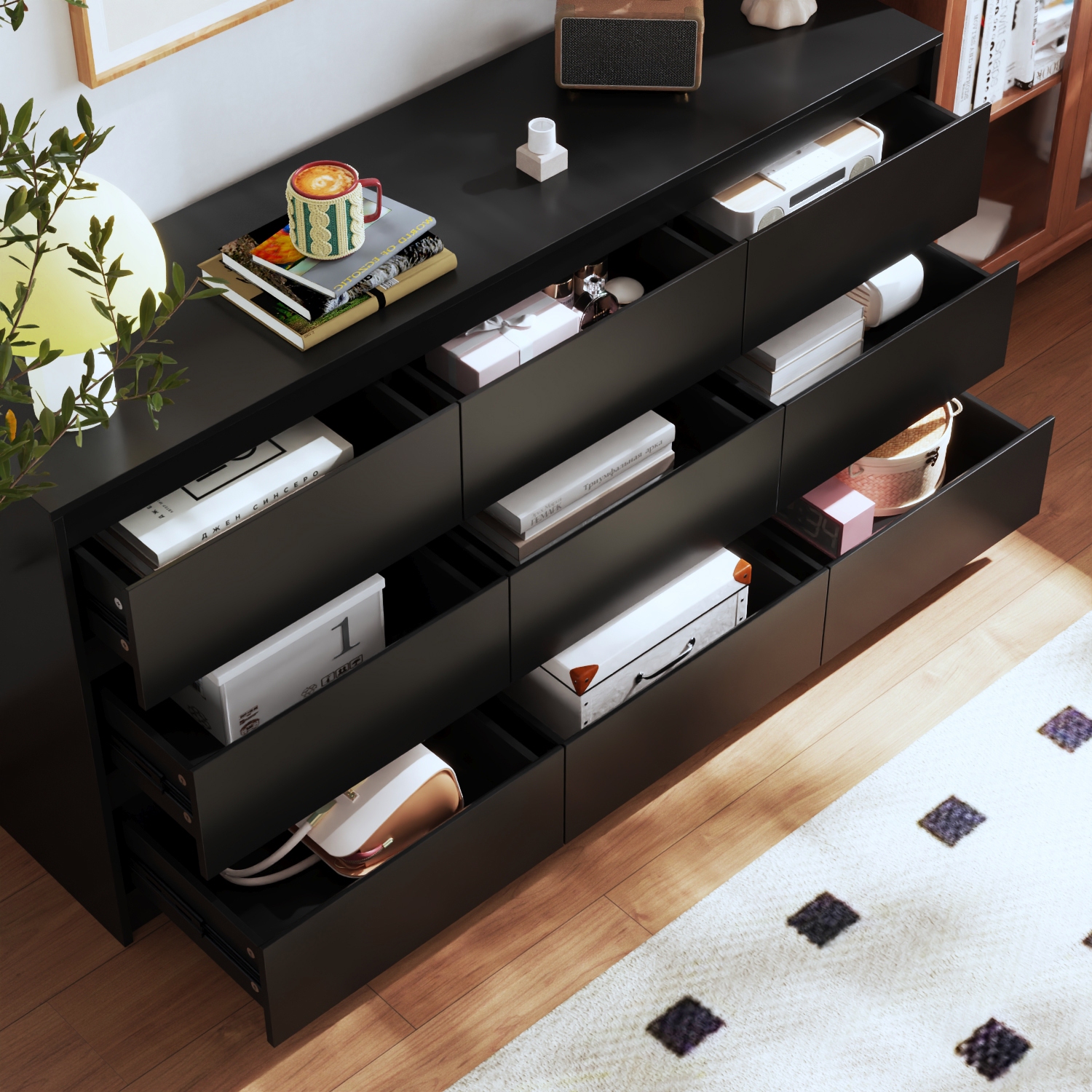 Commode moderne à 9 7 tiroirs avec rangement profond, sans poignée, grande commode en bois, noir