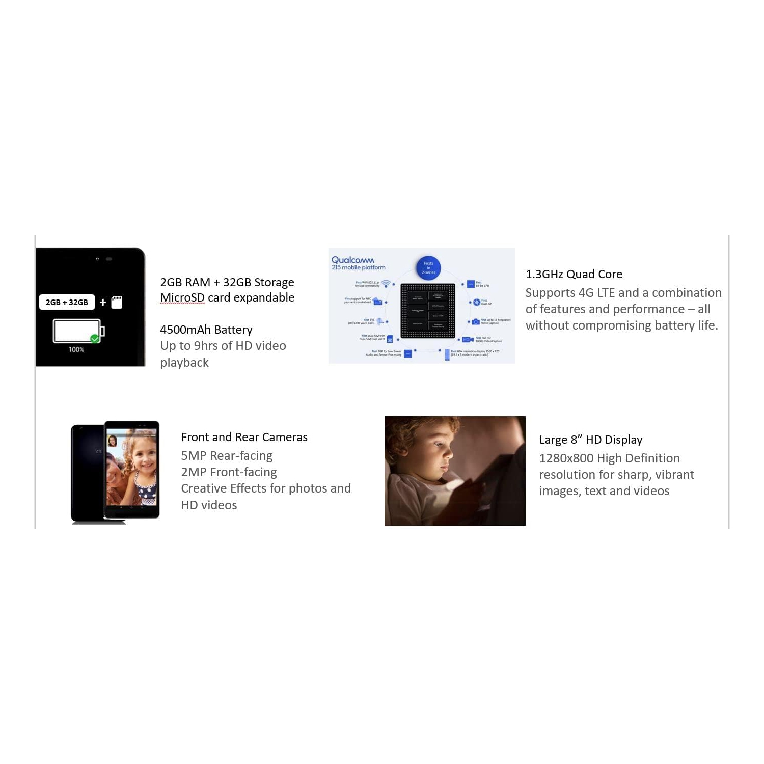 ZTE Grand X View 4 8&nbsp;po K87 4G LTE Tablette Android HD Wi-Fi GSM déverrouillé Appareil photo 5&nbsp;Mpx 32&nbsp;Go, noir