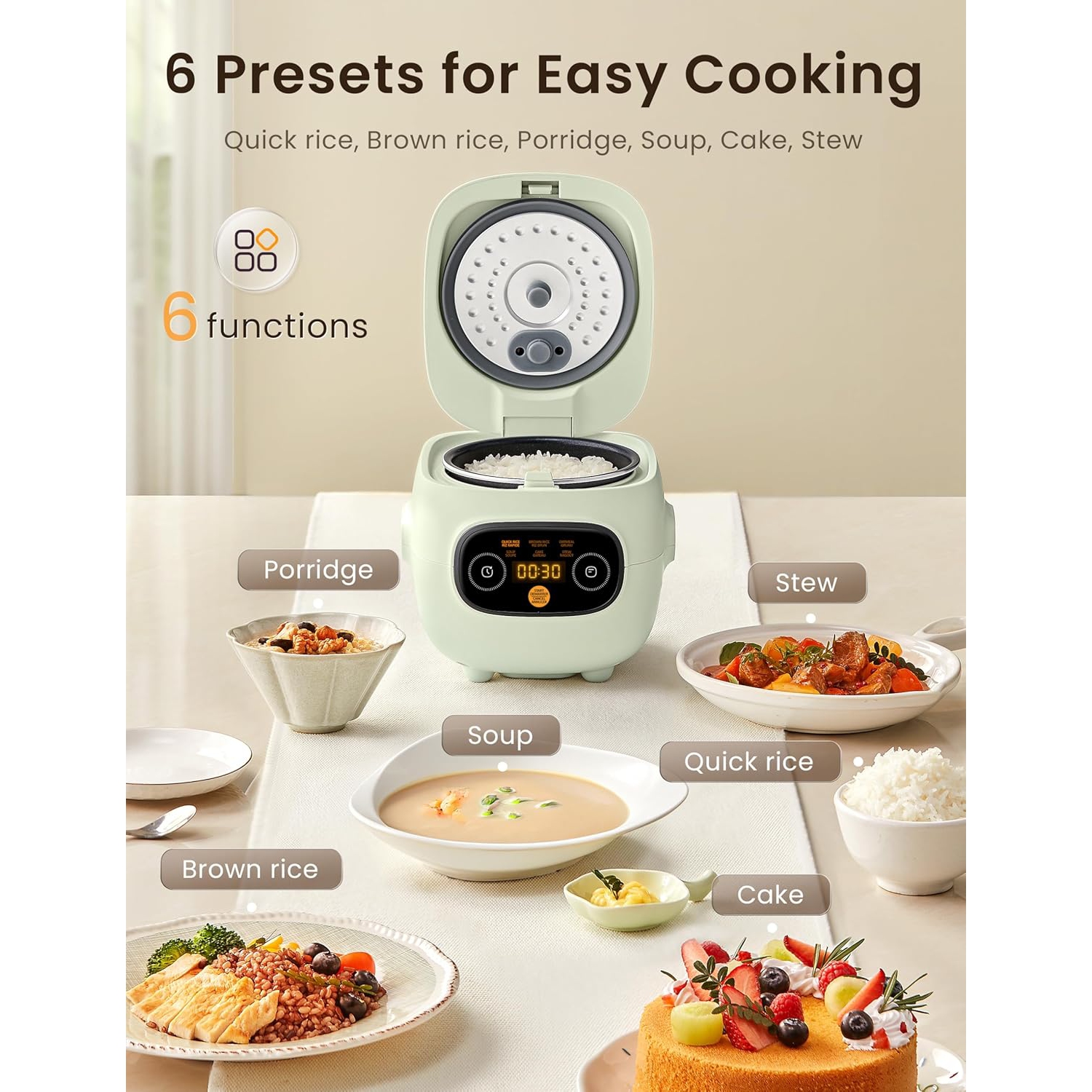 COMFEE' Mini Rice Cooker 4 Cups Cooked/2 Cups Uncooked, Portable Non-Stick rice maker, 24 hours Timer Delay, 6 Functions, Fast Cooker, Brown Rice,