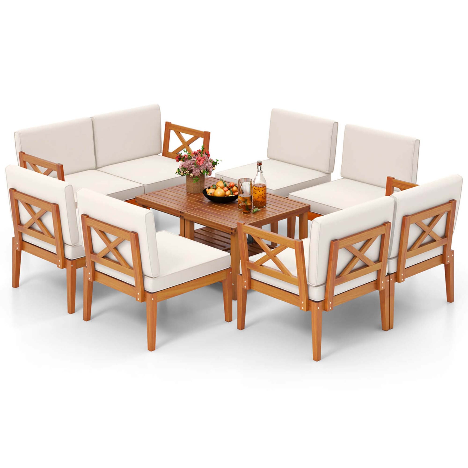 Gymax 10 PCS Patio Furniture Set Acacia Wood w/ Cushions & 2-Tier Coffee Table