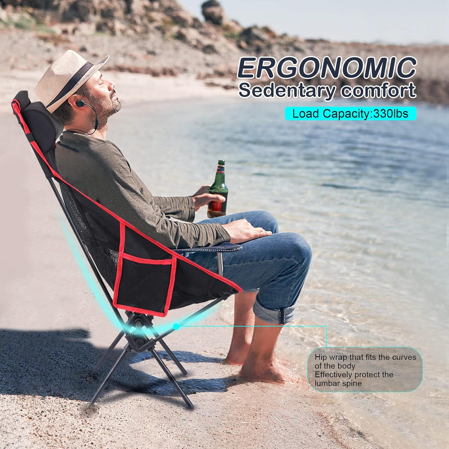 PetginHome-High Back Folding Camping Chair, Removable Pillow, Side Pocket & Carry Bag,Compact & Heavy Duty for Outdoor Camp,Hiking,Picnic,Beach