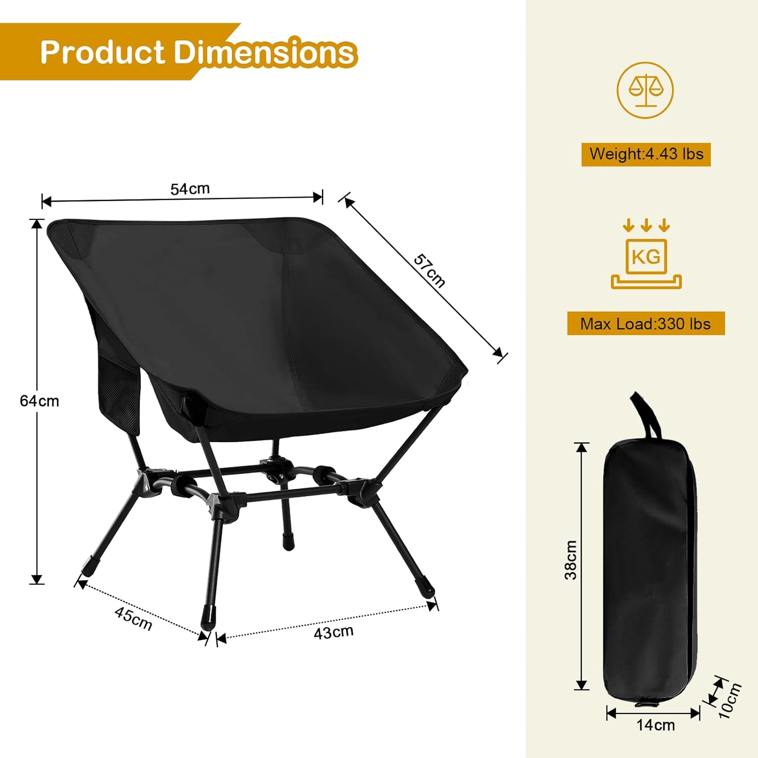 Chaise de camping pliable à dossier haut de PetginHome, oreiller amovible, pochette latérale et sac de transport,Compact et robuste pour le camping