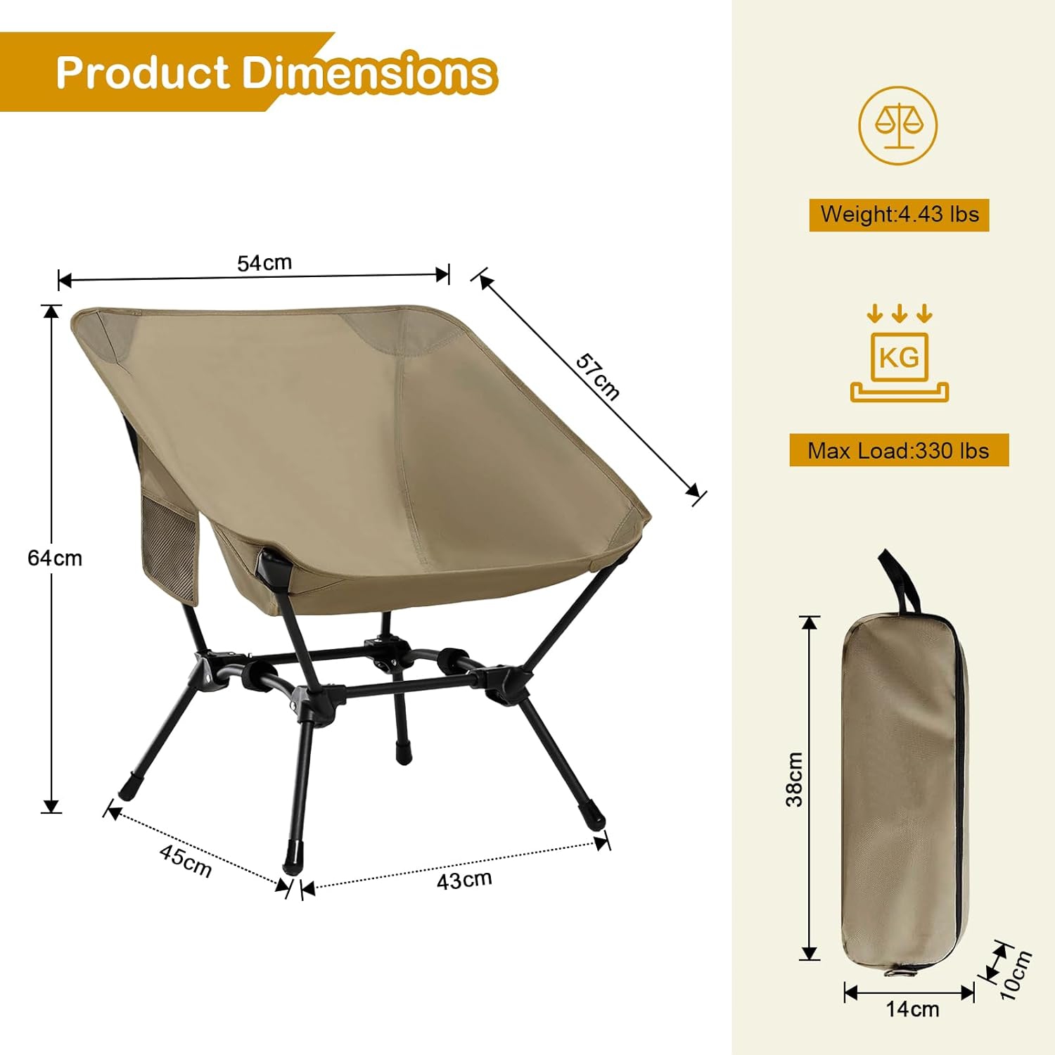 PetginHome-High Back Folding Camping Chair, Removable Pillow, Side Pocket & Carry Bag,Compact & Heavy Duty for Outdoor Camp,Hiking,Picnic, lowback -