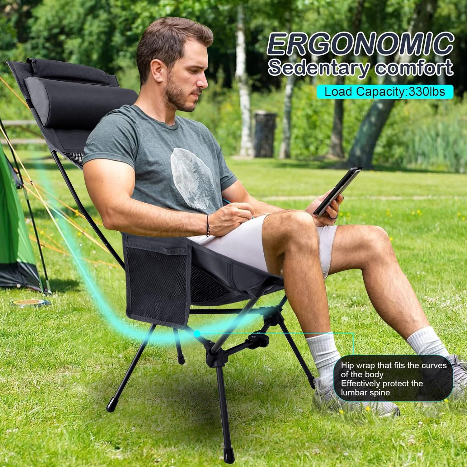 PetginHome-High Back Folding Camping Chair, Removable Pillow, Side Pocket & Carry Bag,Compact & Heavy Duty for Outdoor Camp,Hiking,Picnic,Beach
