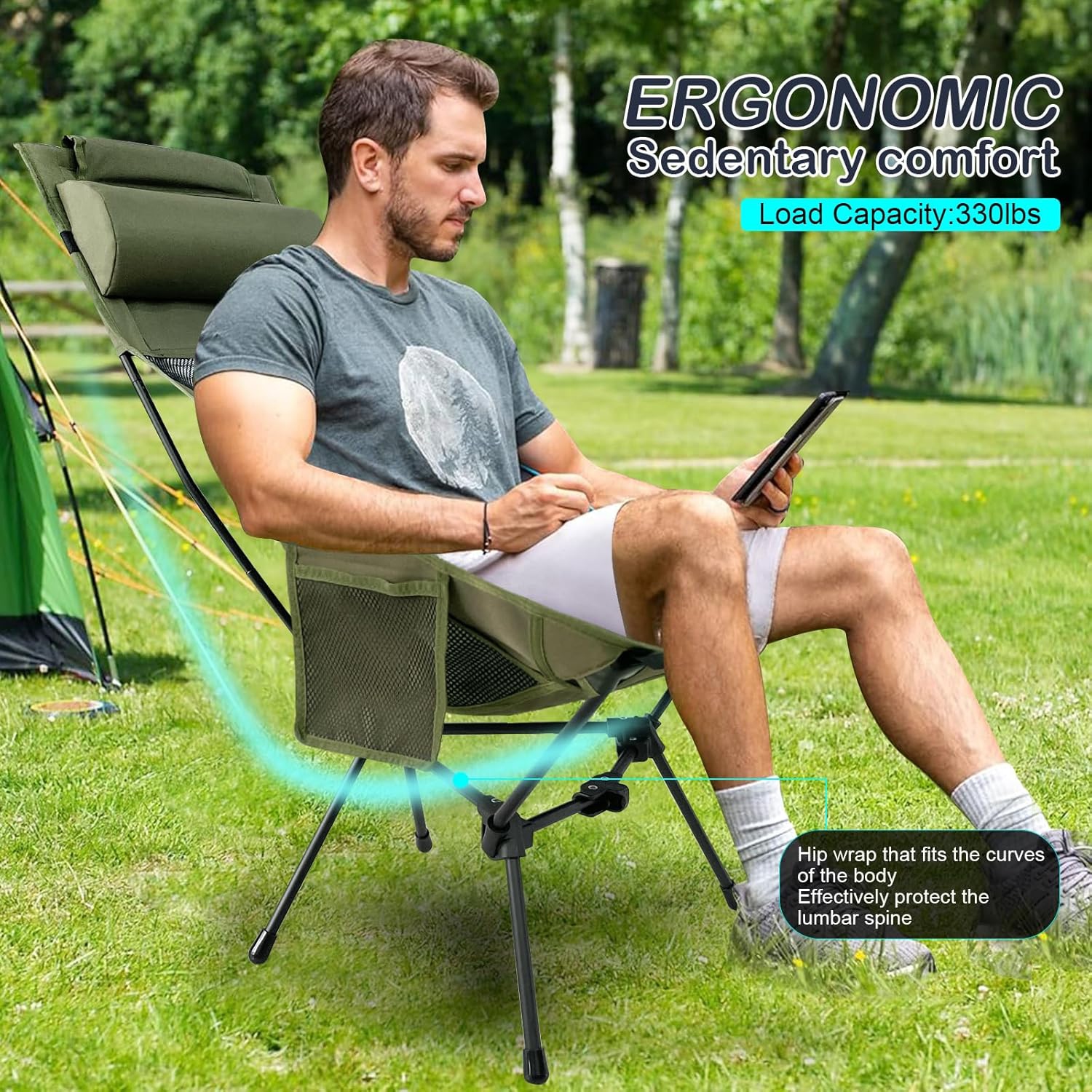 PetginHome-High Back Folding Camping Chair, Removable Pillow, Side Pocket & Carry Bag,Compact & Heavy Duty for Outdoor Camp,Hiking,Picnic,Beach