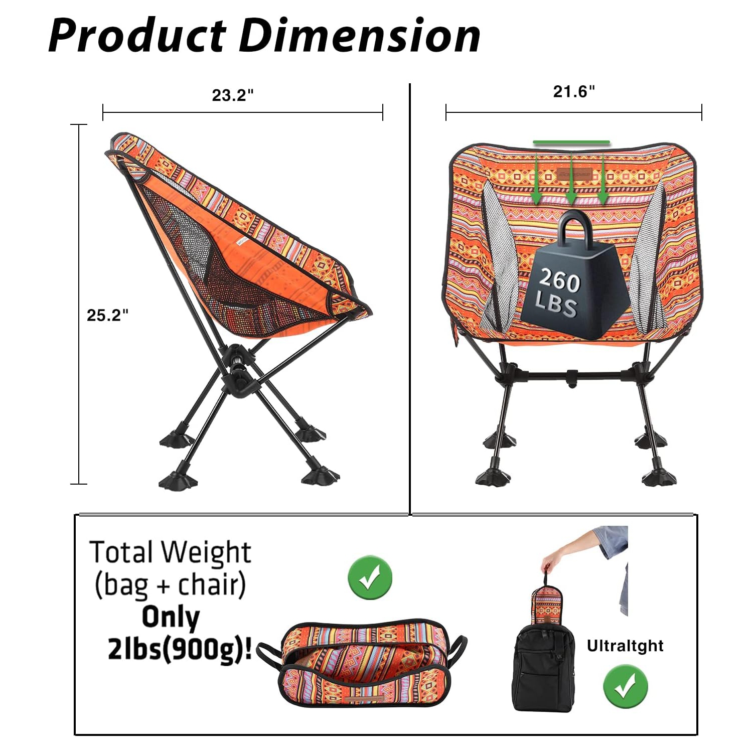 PetginHome-Chaises de camping,Chaise pliante de camping portative légère,Chaise de sac à dos extérieur avec sac de transport pour camping Randonnée