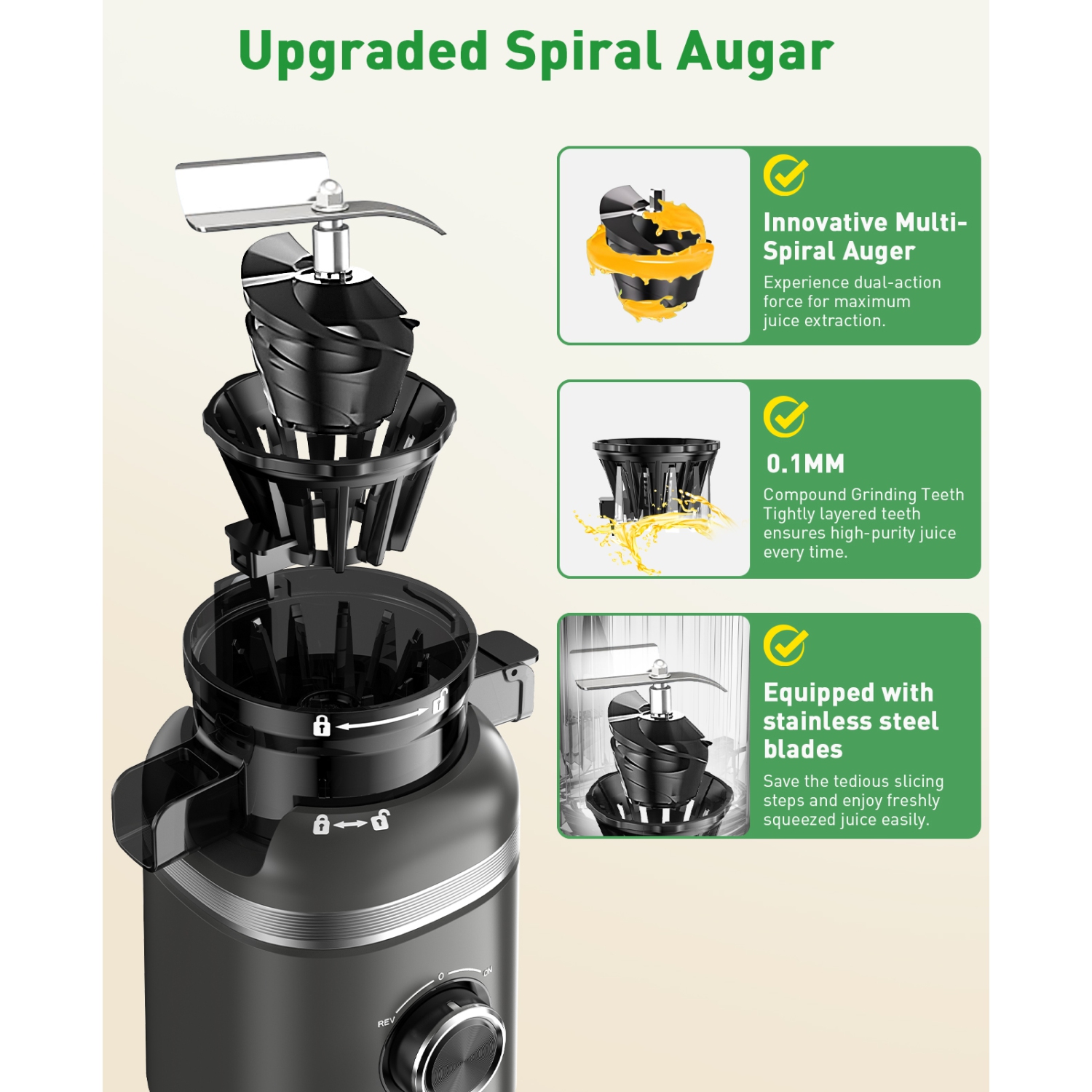 GlowWise Cold press juicer with built-in blades and a 4.35" wide chute for whole fruits/veggies. Quiet, easy to clean, and high juice yield for