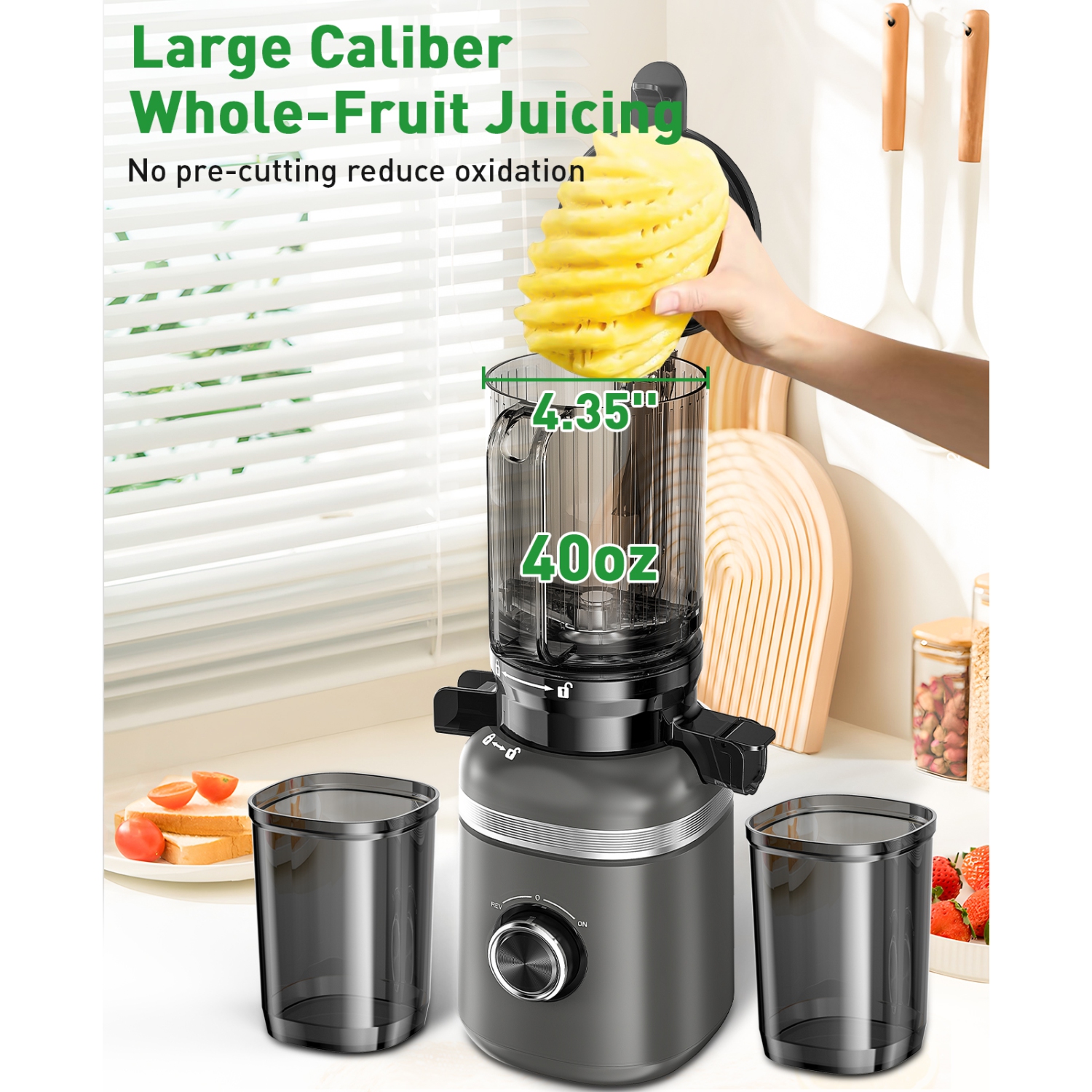 GlowWise Cold press juicer with built-in blades and a 4.35" wide chute for whole fruits/veggies. Quiet, easy to clean, and high juice yield for
