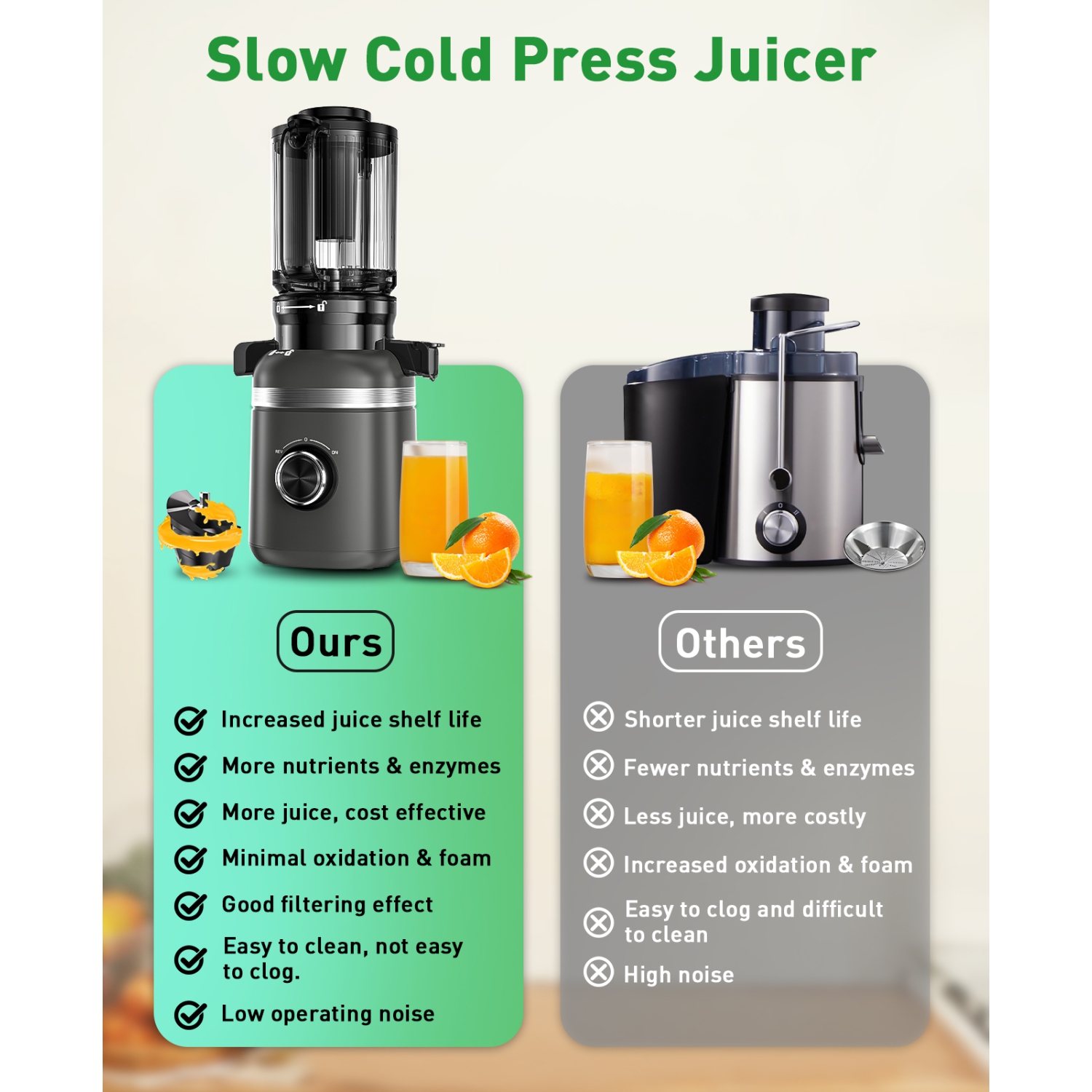 GlowWise Cold press juicer with built-in blades and a 4.35" wide chute for whole fruits/veggies. Quiet, easy to clean, and high juice yield for