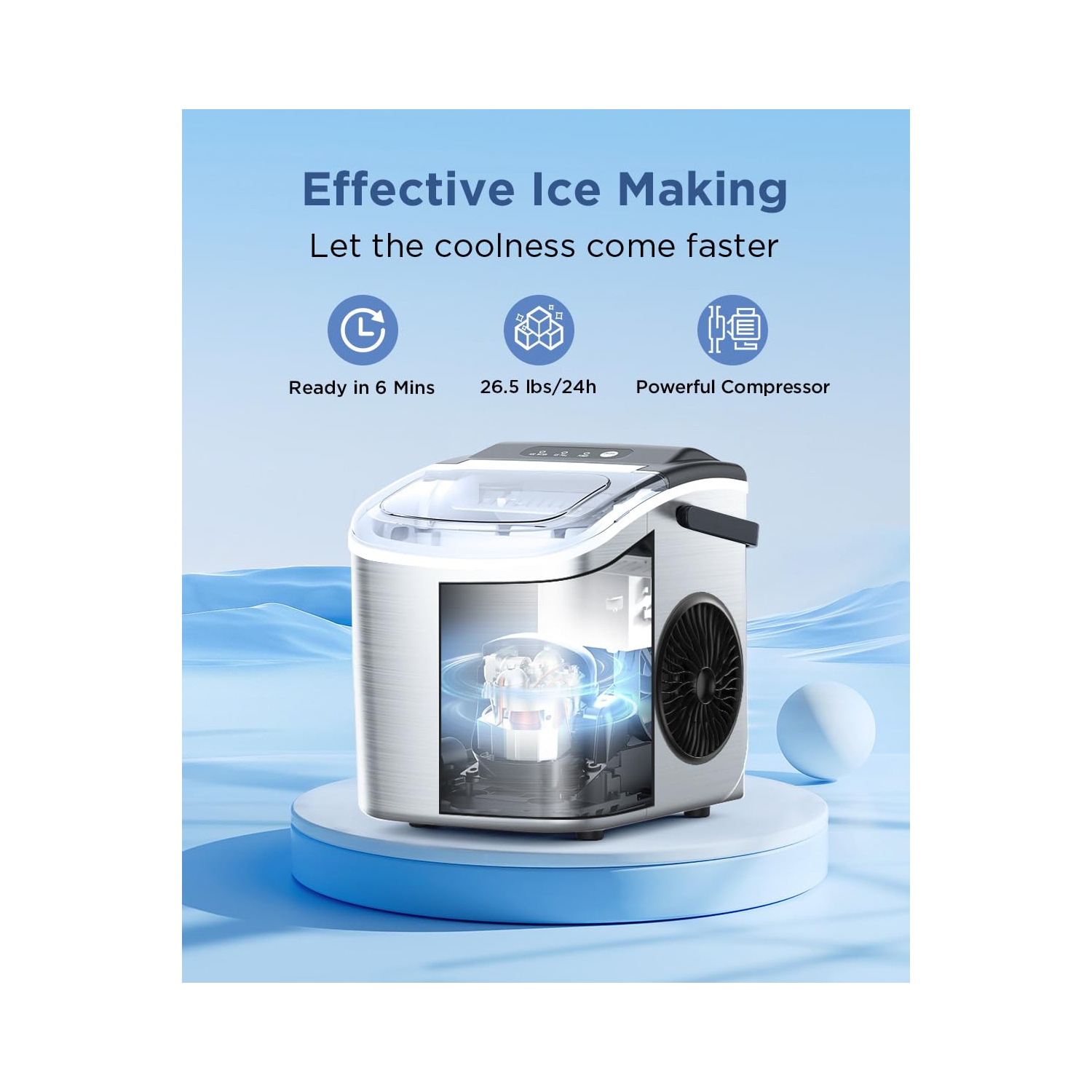 COWSAR Ice Maker Countertop, Stainless Steel Portable Ice Maker Machine with Self-Cleaning, 26.5lbs/24Hrs, 6 Mins/9 Pcs Bullet Ice, Perfectly for
