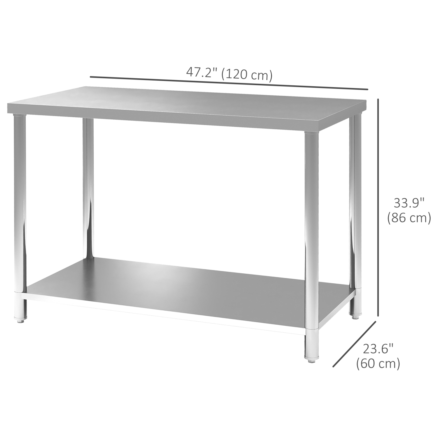 HOMCOM Stainless Steel Prep Table, 24 x 47 x 34 Inch, Heavy Duty Metal Work Table with Shelf, Workbench for Hotel, Kitchen, Garage, Backyard