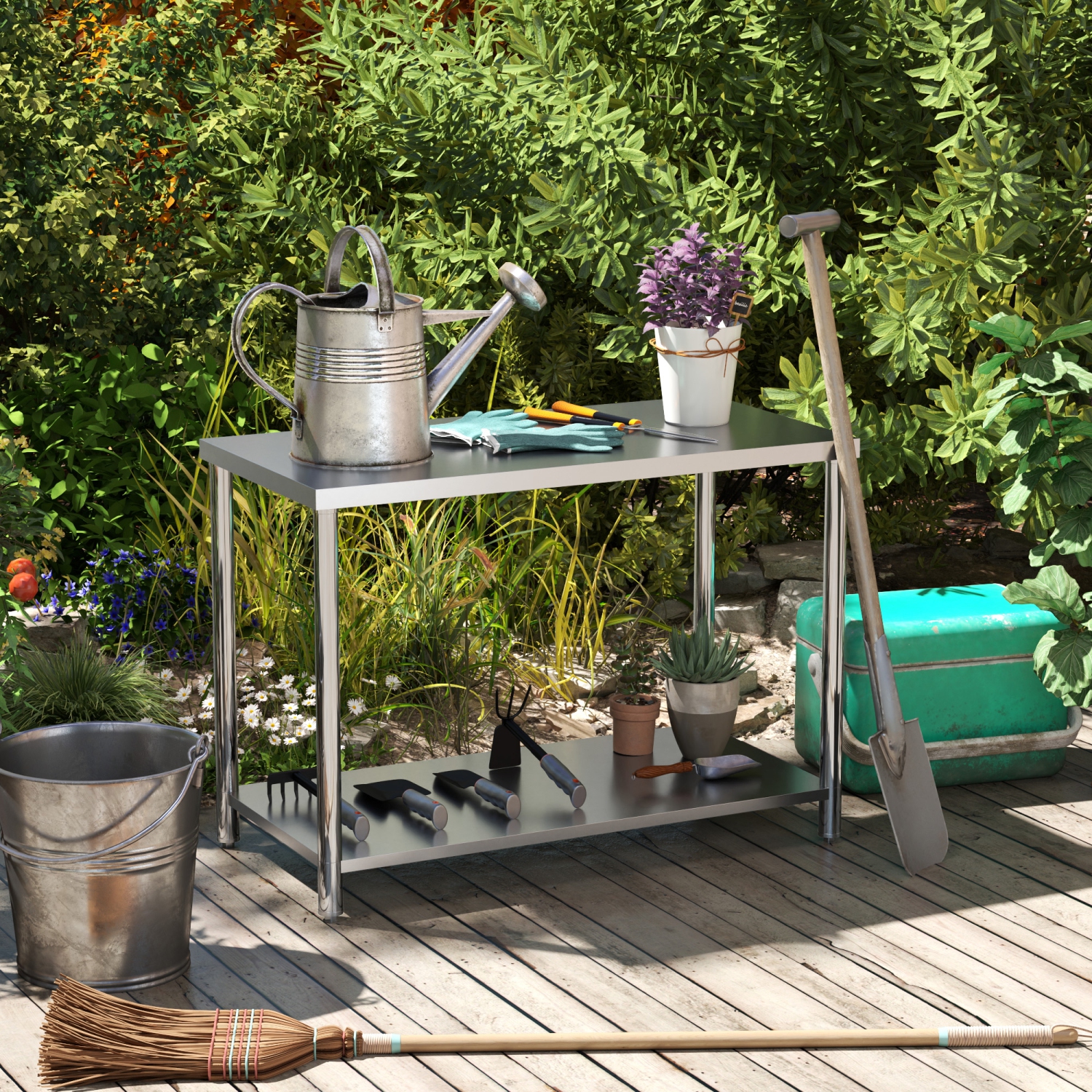 HOMCOM Stainless Steel Prep Table, 24 x 47 x 34 Inch, Heavy Duty Metal Work Table with Shelf, Workbench for Hotel, Kitchen, Garage, Backyard