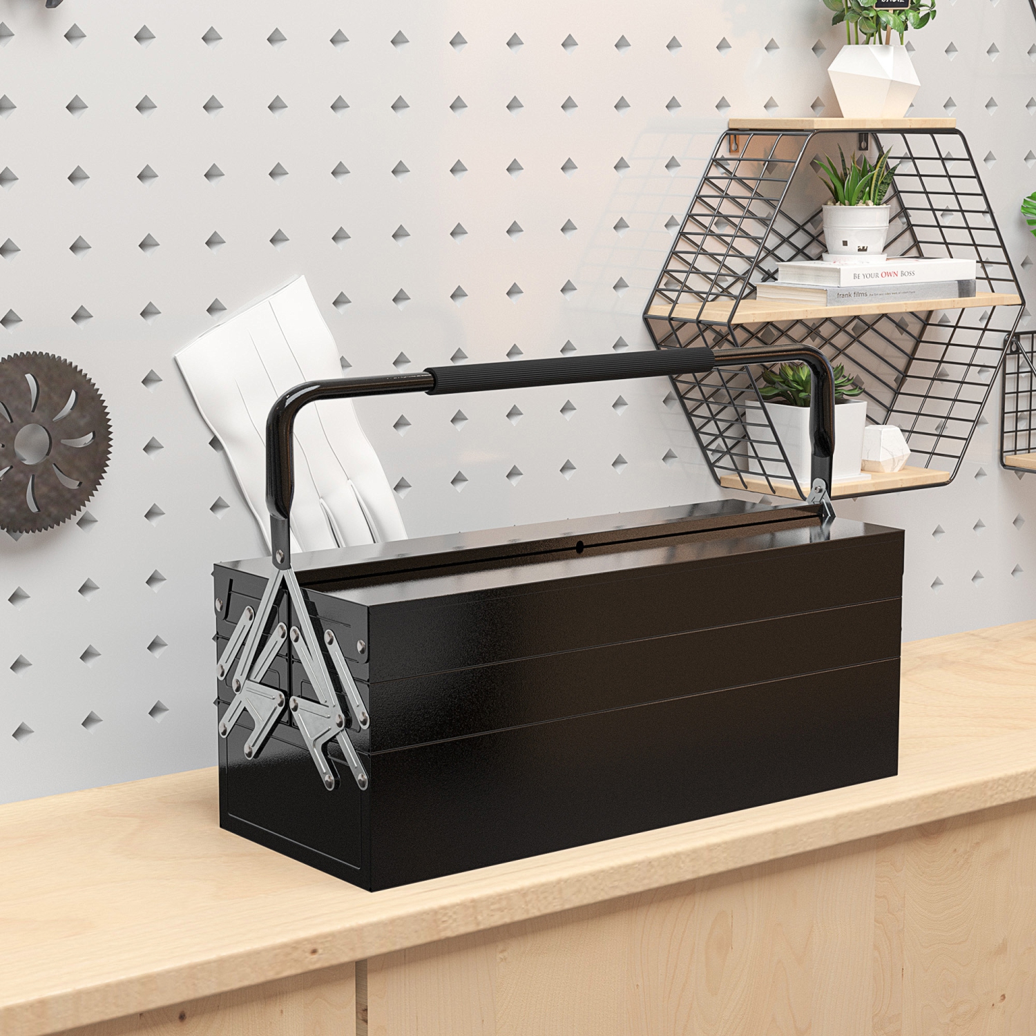 DURHAND 22" Metal Tool Box, Portable 5-Tray Cantilever Steel Tool Chest Cabinet for Garage and Warehouse, Black