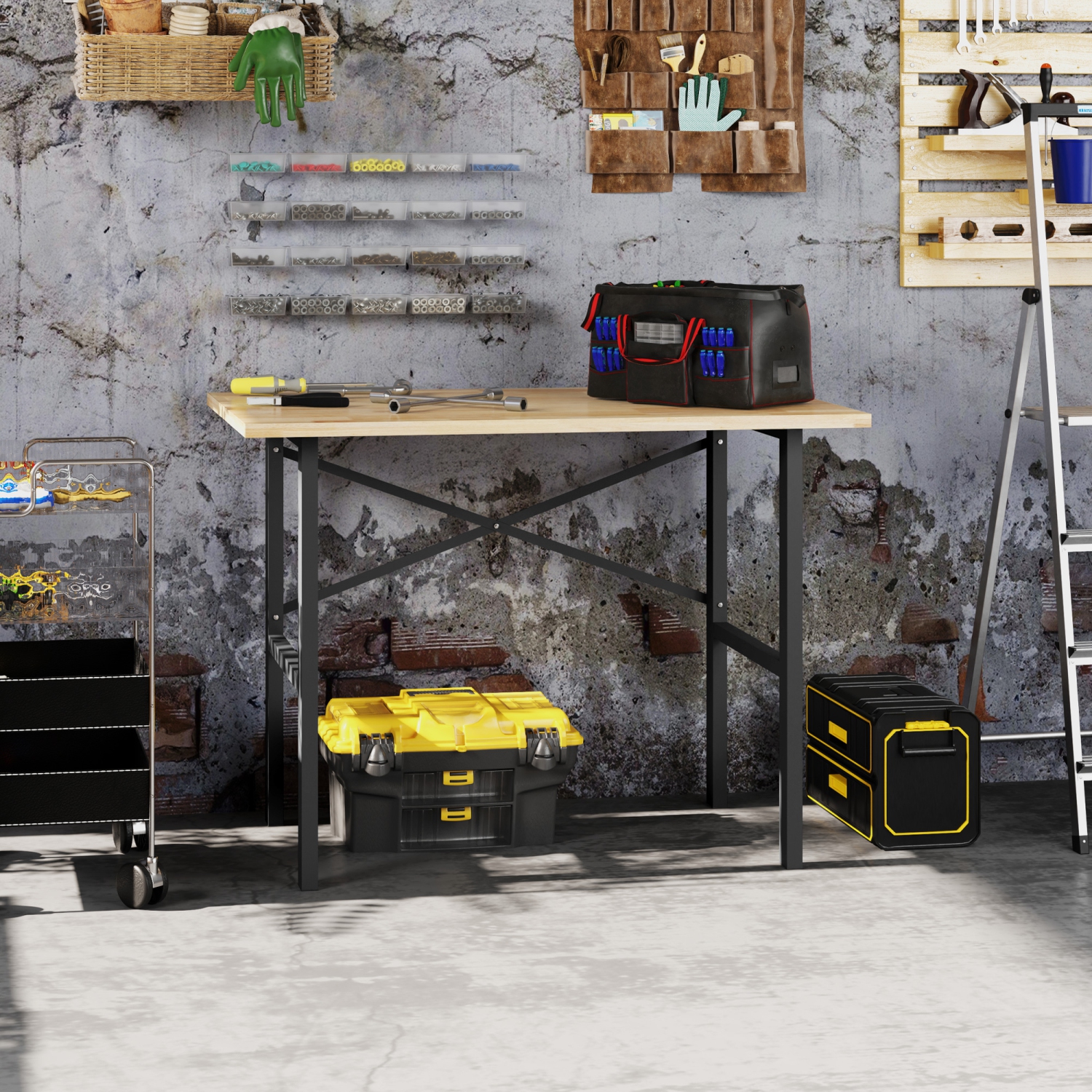 HOMCOM 46" Work bench Table Oak Wood Top, Heavy-Duty Steel X-Shape Bracket Work Table High Stability Workstation, Easy Assembly for Garage Kitchen