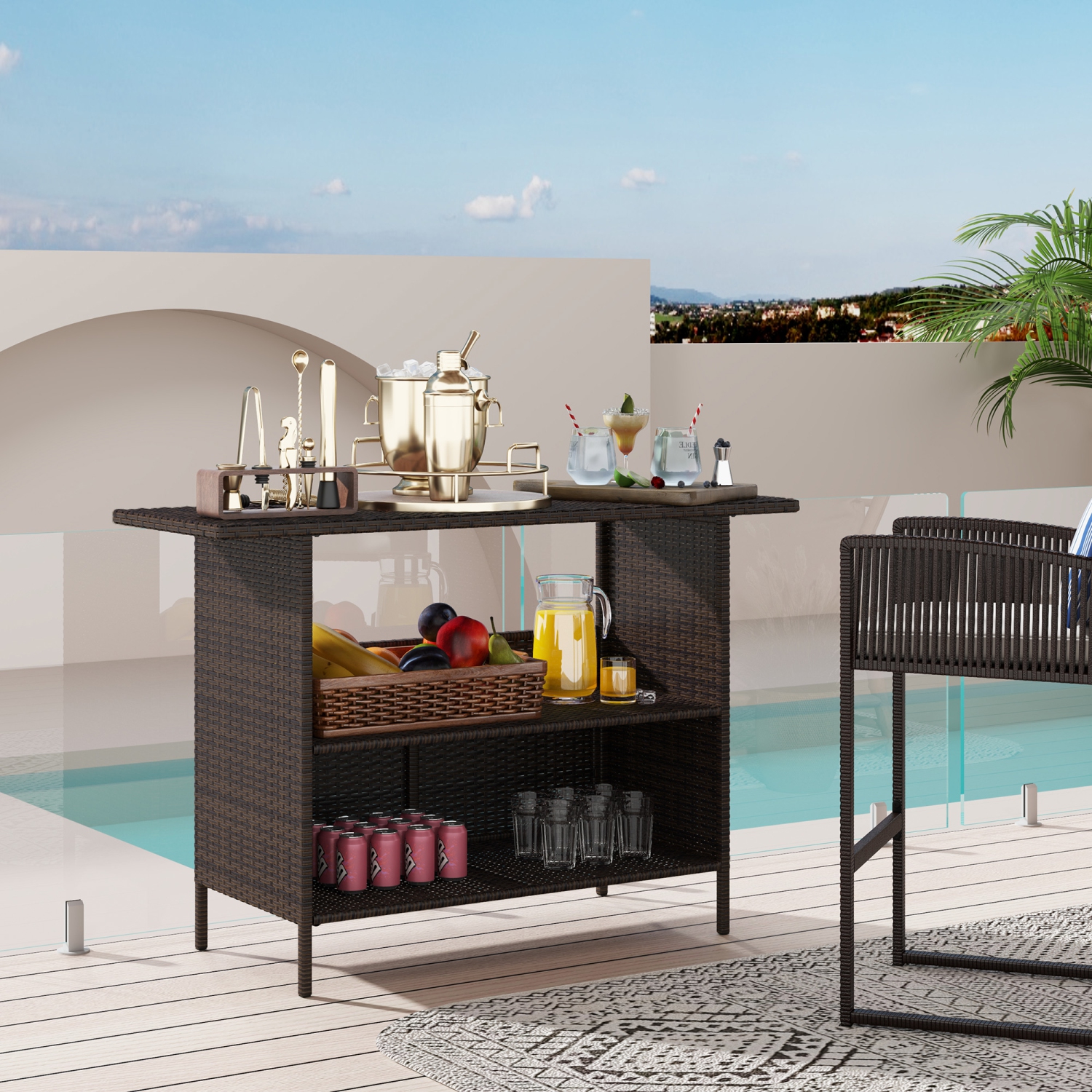 Outsunny Wicker Outdoor Bar Table, PE Rattan Bar Height Patio Table with 2 Shelves, All Weather Patio Bar Table with Steel Frame for Garden,