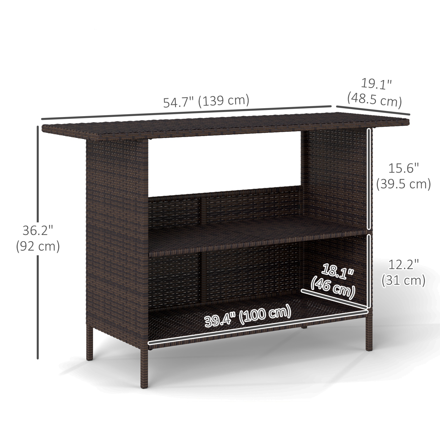 Outsunny Wicker Outdoor Bar Table, PE Rattan Bar Height Patio Table with 2 Shelves, All Weather Patio Bar Table with Steel Frame for Garden,