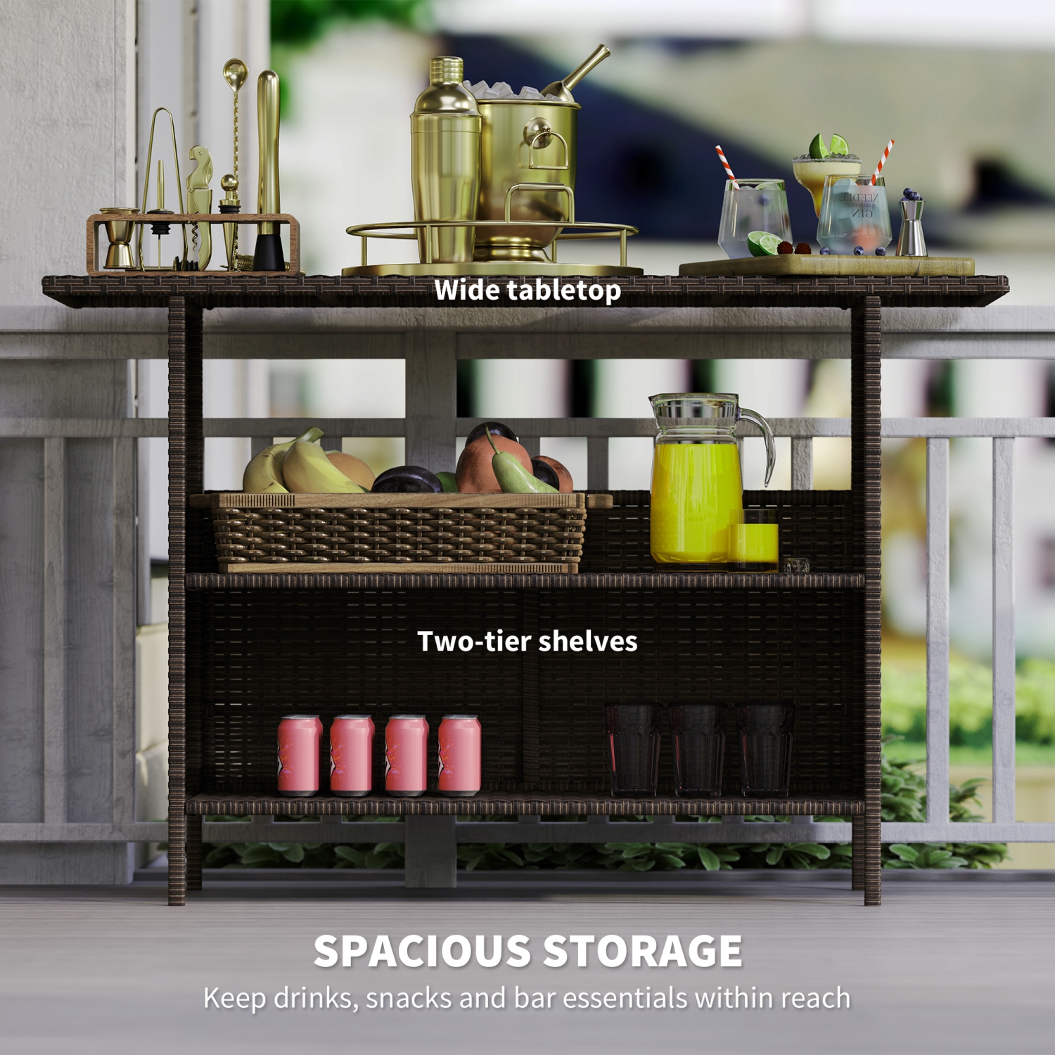 Outsunny Wicker Outdoor Bar Table, PE Rattan Bar Height Patio Table with 2 Shelves, All Weather Patio Bar Table with Steel Frame for Garden,