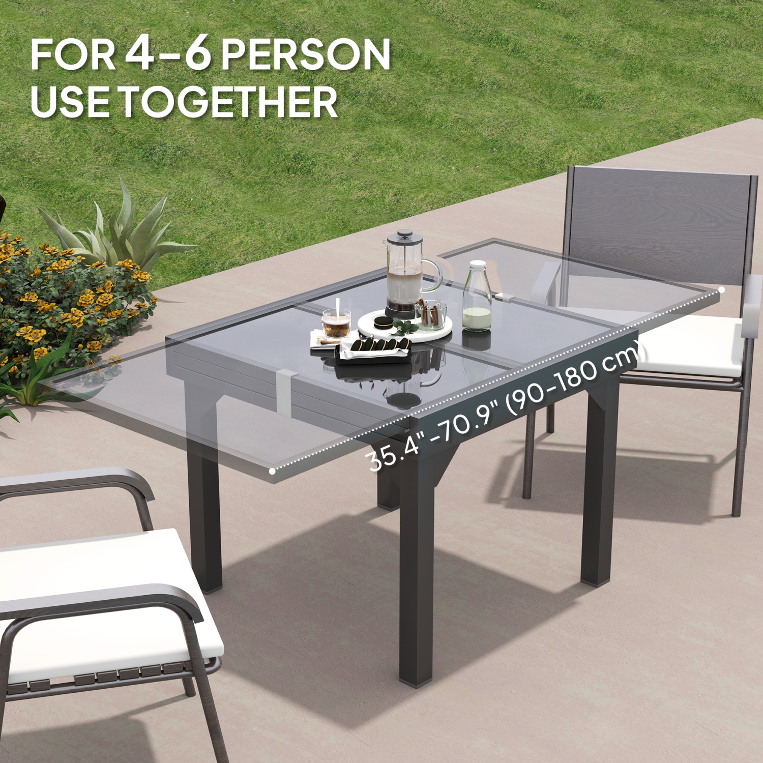 Outsunny Expandable Patio Dining Table, 35"-71" Outdoor Table with Tempered Glass Top, Metal Frame, for 4-6 Person, for Lawn, Garden, Deck, Backyard,